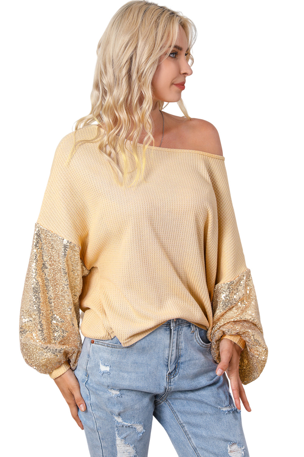 Apricot Sequin Patchwork Sleeve Open Back Waffle Knit Top - Premium Tops from Momma Done Gone Crafty- Just $40.86! Shop now at Momma Done Gone Crafty