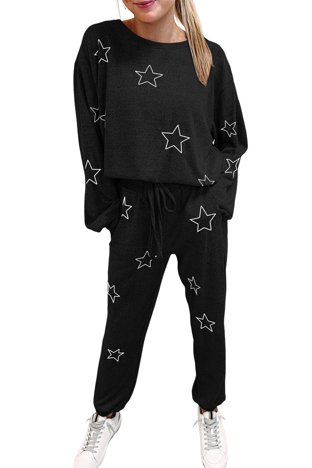 Black Stars Print Long Sleeve Drawstring High Waist Lounge Set - Premium Loungewear from Momma Done Gone Crafty- Just $34.50! Shop now at Momma Done Gone Crafty