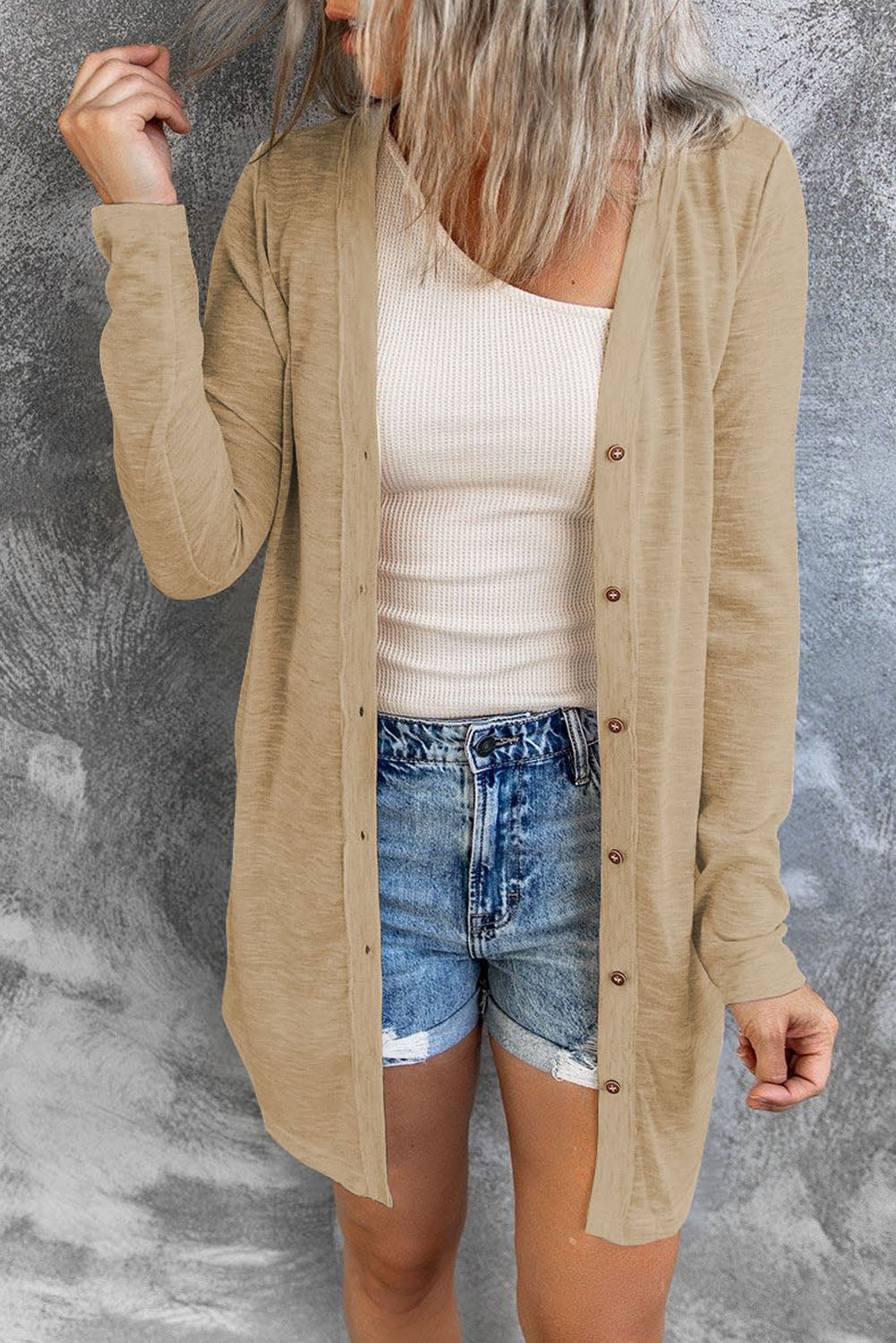 Solid Color Open-Front Buttons Cardigan - Premium Tops from Momma Done Gone Crafty- Just $19.80! Shop now at Momma Done Gone Crafty