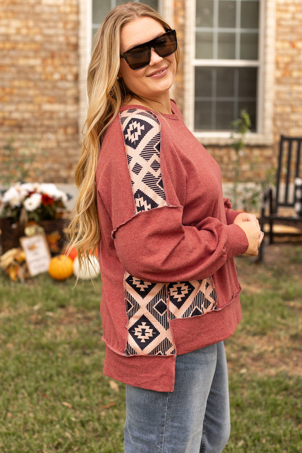Redwood Burl Aztec Patchwork Drop Shoulder Plus Size High Low Sweatshirt - Premium Plus Size/Plus Size Sweatshirts & Hoodies from Momma Done Gone Crafty- Just $22.65! Shop now at Momma Done Gone Crafty