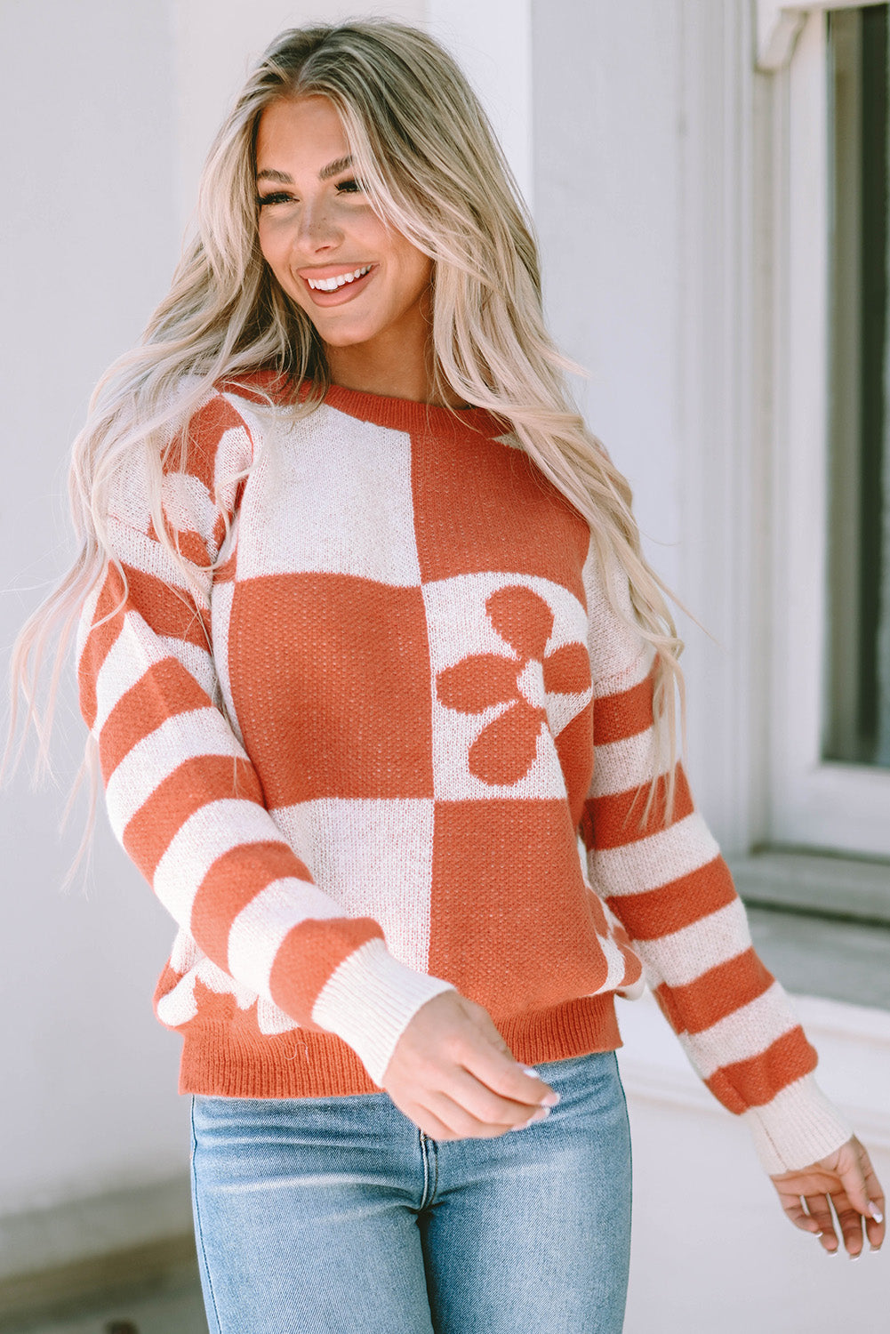 Brown Checkered Floral Print Striped Sleeve Sweater - Premium Tops from Momma Done Gone Crafty- Just $31.50! Shop now at Momma Done Gone Crafty