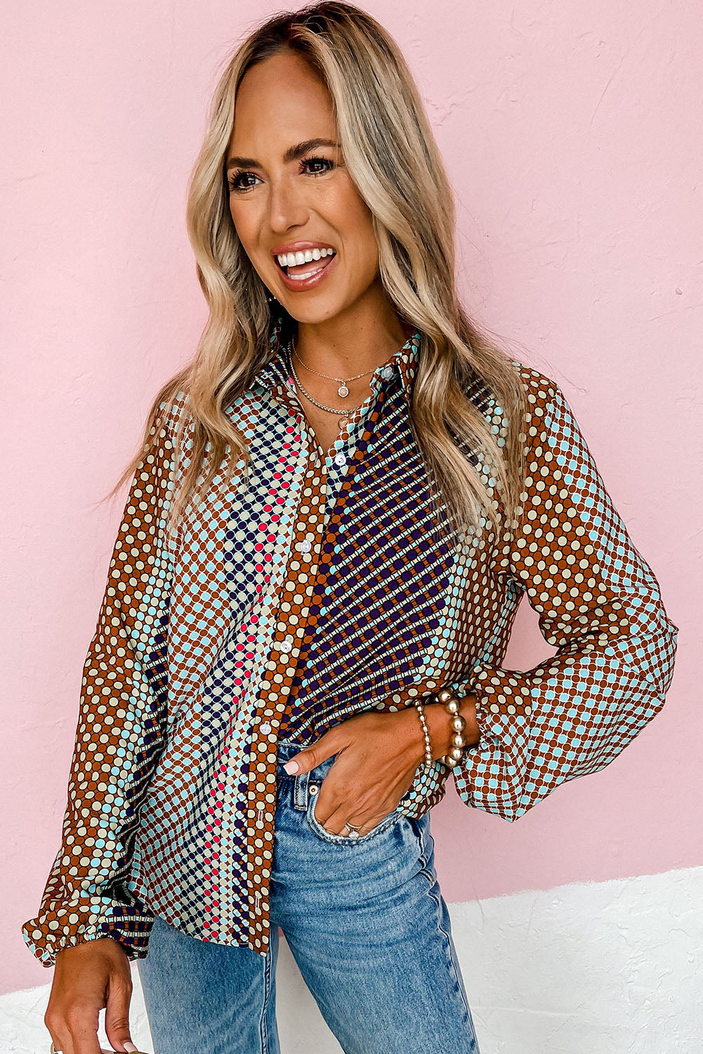 Brown Dot Print Long Sleeve Button Down Shift Shirt - Premium Tops from Momma Done Gone Crafty- Just $22.50! Shop now at Momma Done Gone Crafty