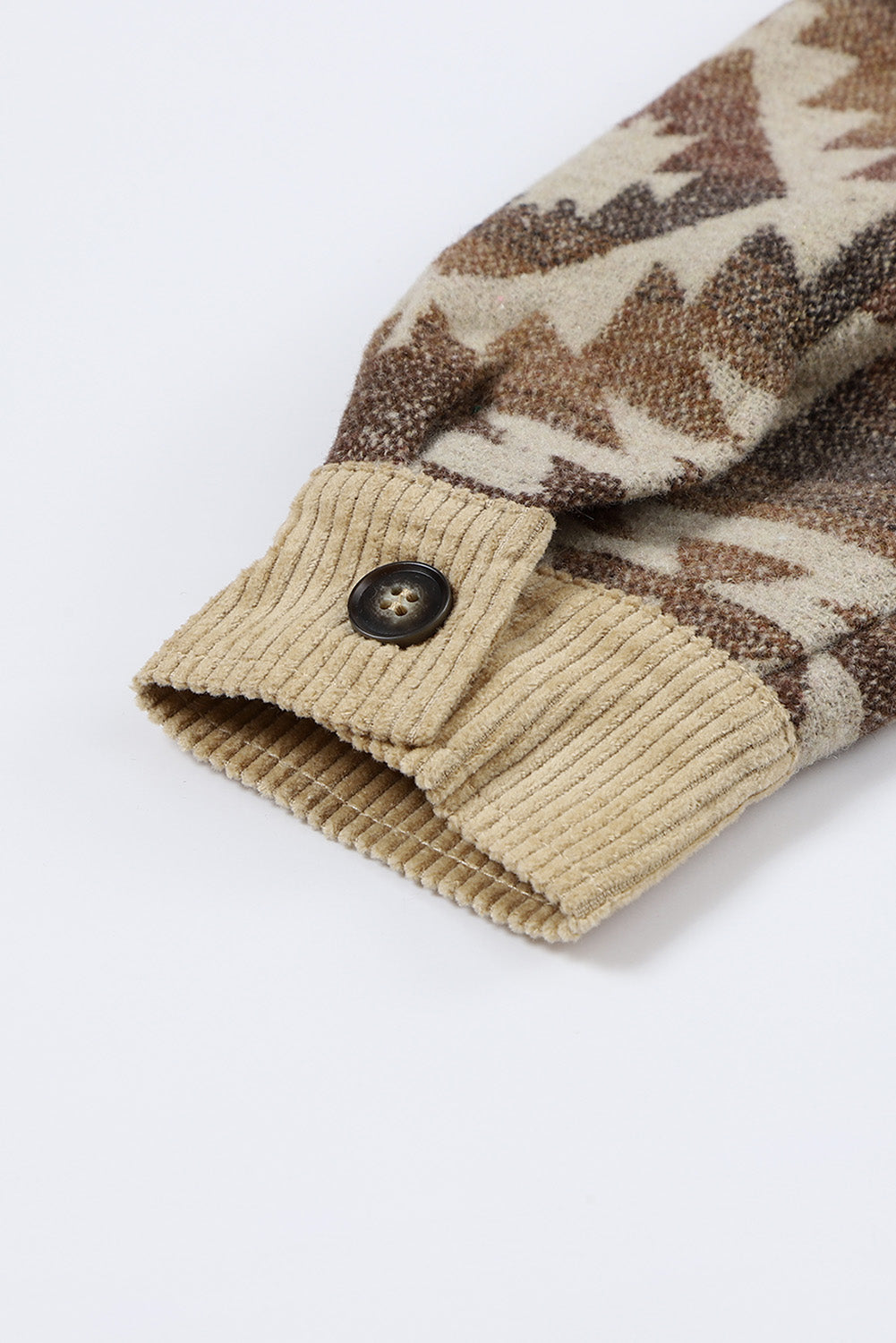 Khaki Aztec Print Patchwork Frayed Edge Corduroy Jacket - Premium Outerwear from Momma Done Gone Crafty- Just $62.70! Shop now at Momma Done Gone Crafty