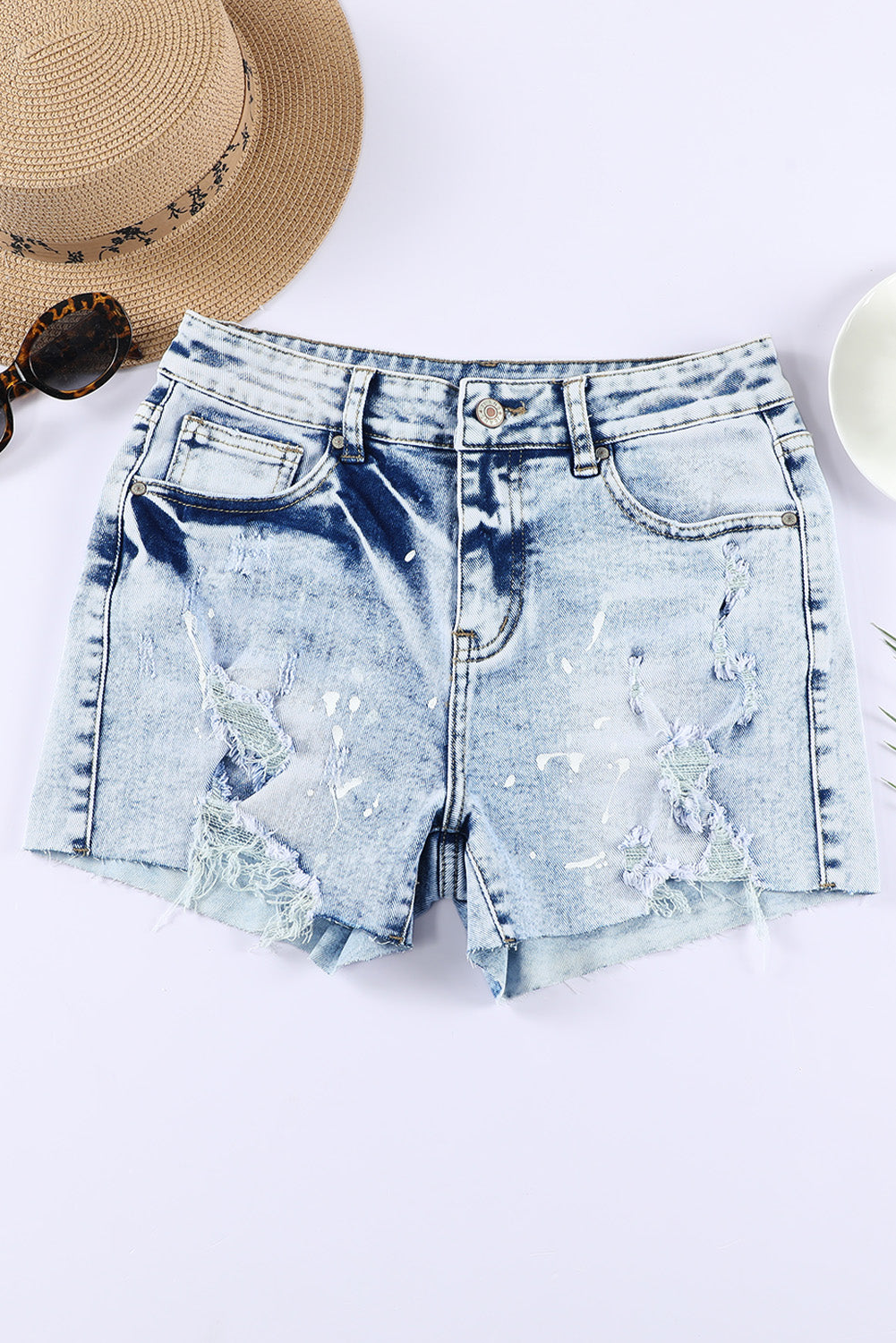 Sky Blue Distressed Bleached Denim Shorts - Premium Bottoms from Momma Done Gone Crafty- Just $30.00! Shop now at Momma Done Gone Crafty