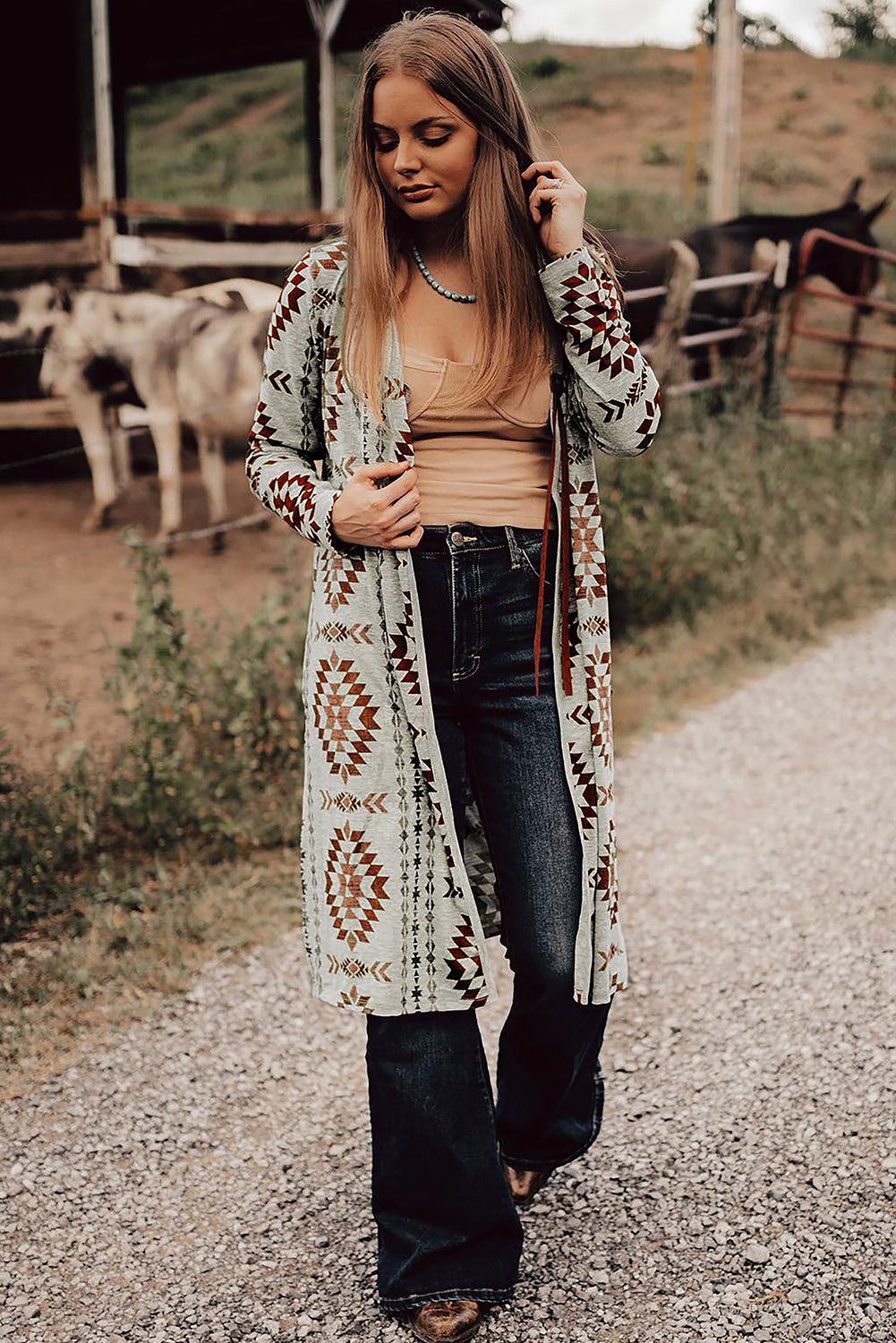 Brown Western Aztec Printed Open Front Long Cardigan - Premium Sweaters & Cardigans/Cardigans from Momma Done Gone Crafty- Just $18! Shop now at Momma Done Gone Crafty