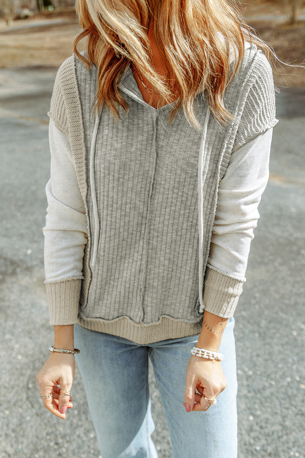 Gray Long Sleeve Textured Knit Patchwork Hoodie - Premium Tops from Momma Done Gone Crafty- Just $32.99! Shop now at Momma Done Gone Crafty