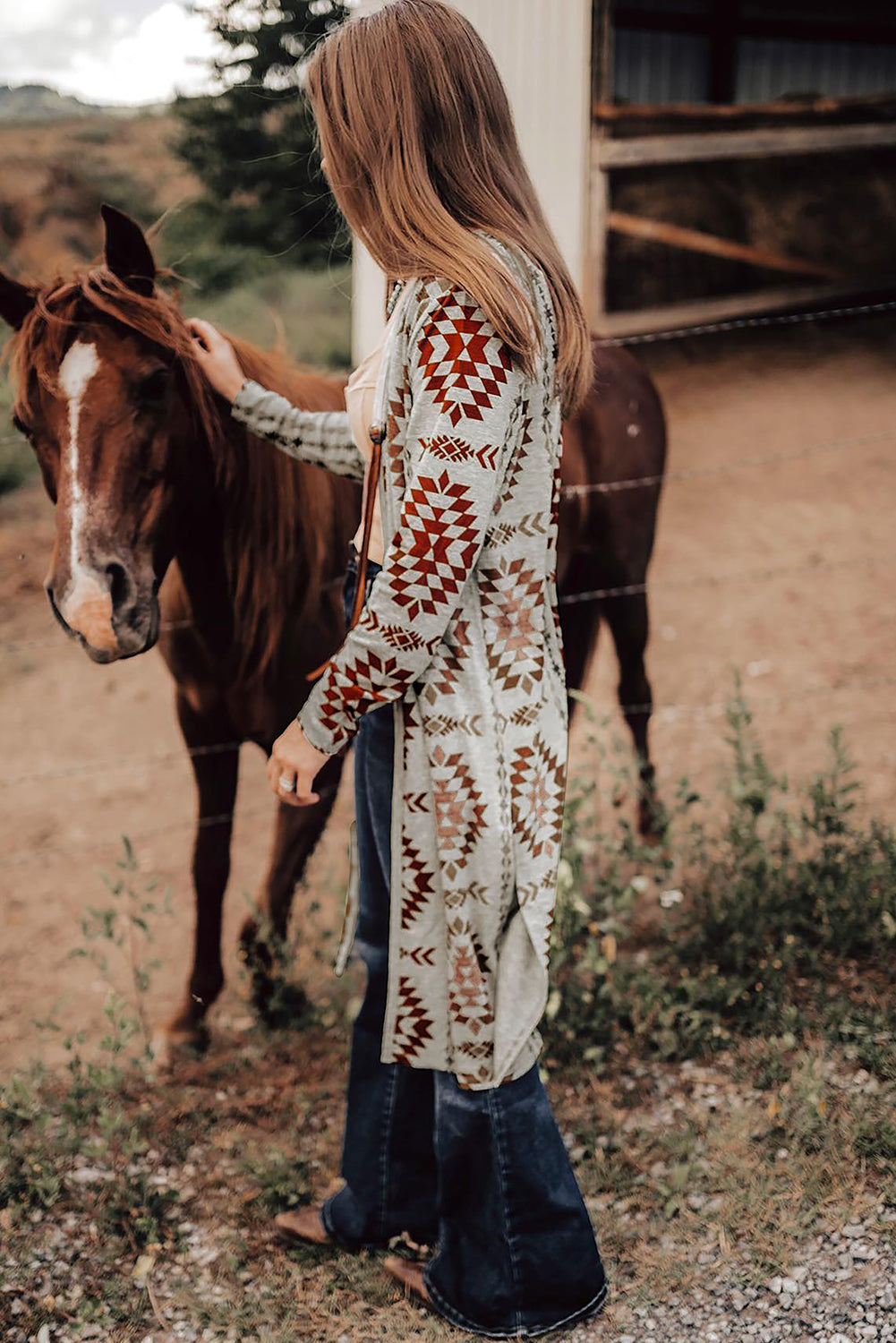 Brown Western Aztec Printed Open Front Long Cardigan - Premium Sweaters & Cardigans/Cardigans from Momma Done Gone Crafty- Just $18! Shop now at Momma Done Gone Crafty