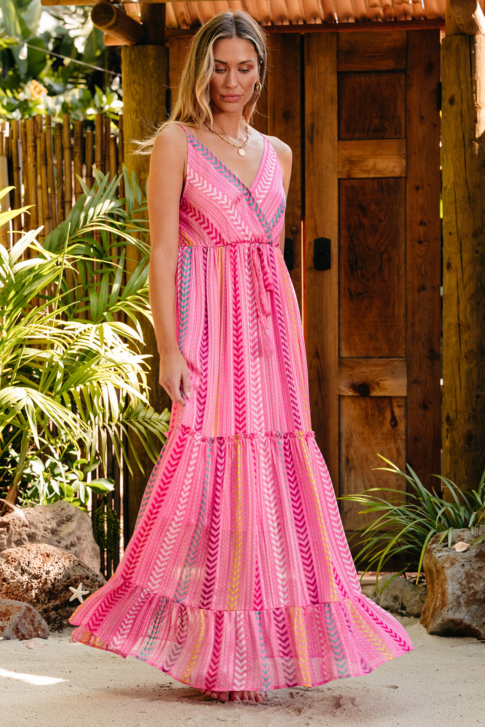 Pink Western Printed Tassel Tie V Neck Wrap Maxi Dress - Premium Dresses/Maxi Dresses from Ashes 2 Wildflowers Boutique, LLC- Just $43.92! Shop now at Ashes 2 Wildflowers Boutique, LLC