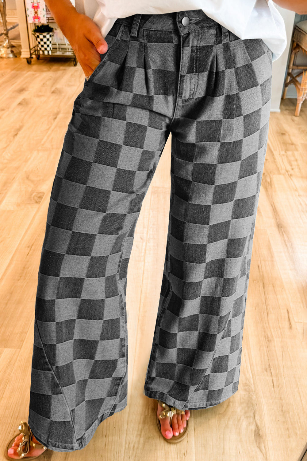 Dark Grey Checkered Denim Wide Leg Jeans - Premium Bottoms/Jeans from Momma Done Gone Crafty- Just $36.30! Shop now at Momma Done Gone Crafty