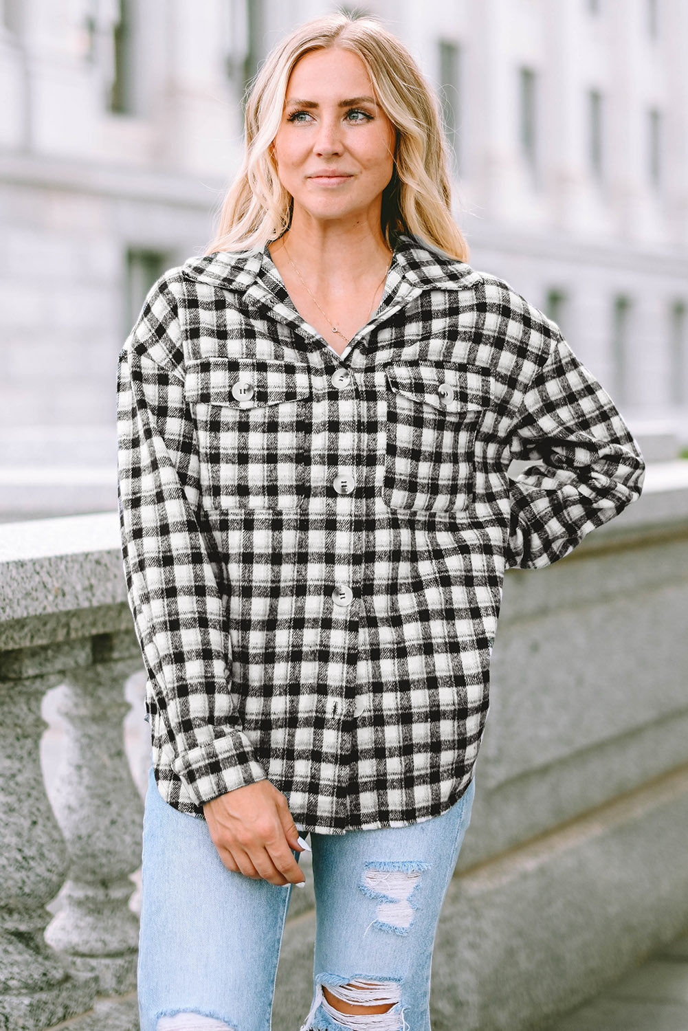 Black Plaid Print Chest Pockets Buttoned Tunic Shacket - Premium Outerwear from Momma Done Gone Crafty- Just $40! Shop now at Momma Done Gone Crafty