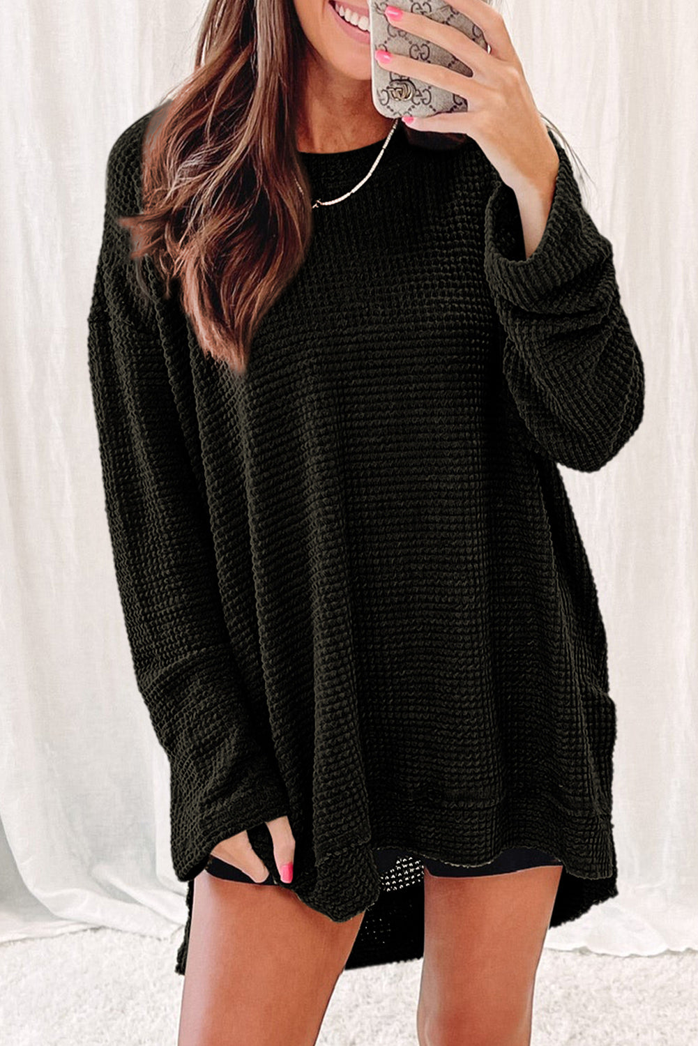 Black Waffle Knit High Slits Oversized Top - Premium Tops from Momma Done Gone Crafty- Just $33.87! Shop now at Momma Done Gone Crafty
