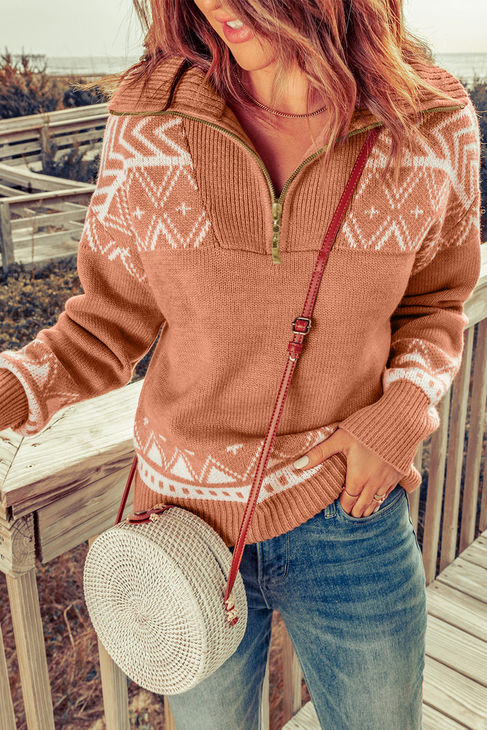 Pink Geometry Knit Quarter Zip Sweater - Premium Sweaters & Cardigans/Sweaters from Momma Done Gone Crafty- Just $45.99! Shop now at Momma Done Gone Crafty
