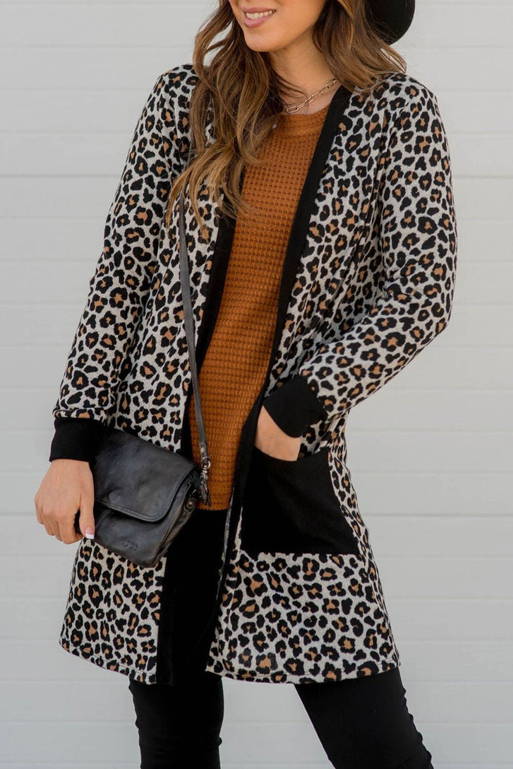 Black Leopard Patched Pocket Open Front Cardigan - Premium Sweaters & Cardigans/Cardigans from Momma Done Gone Crafty- Just $15.75! Shop now at Momma Done Gone Crafty