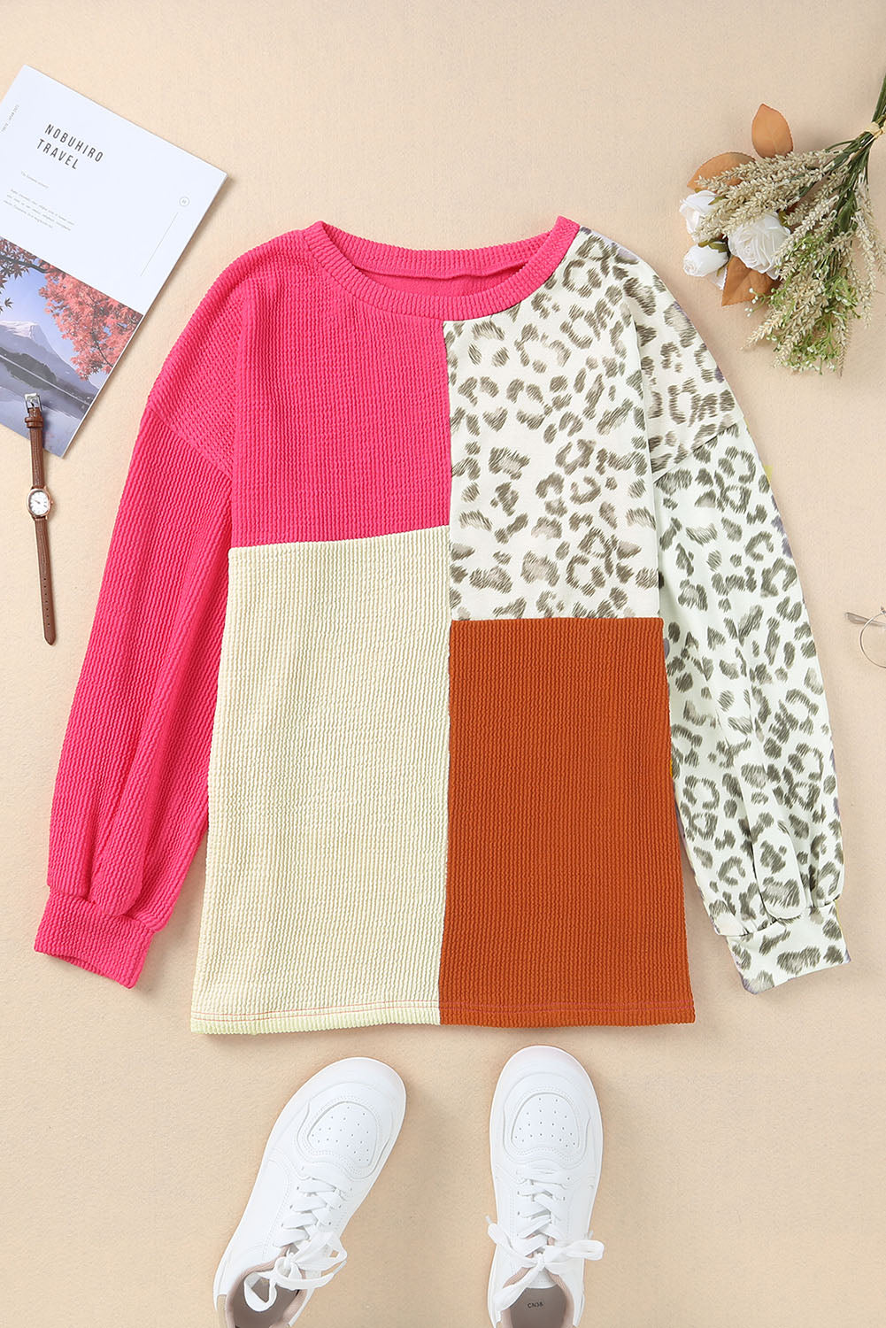 Rose Leopard Patchwork Color Block Ribbed Long Sleeve Top - Premium Tops from Momma Done Gone Crafty- Just $22.99! Shop now at Momma Done Gone Crafty