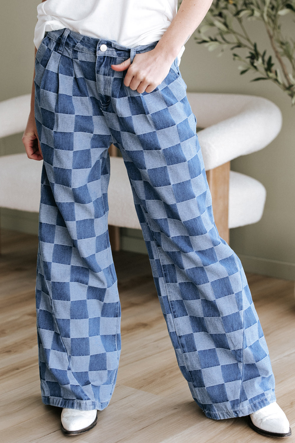 Dusk Blue Checkered Denim Wide Leg Jeans - Premium Bottoms/Jeans from Ashes 2 Wildflowers Boutique, LLC- Just $38.15! Shop now at Ashes 2 Wildflowers Boutique, LLC