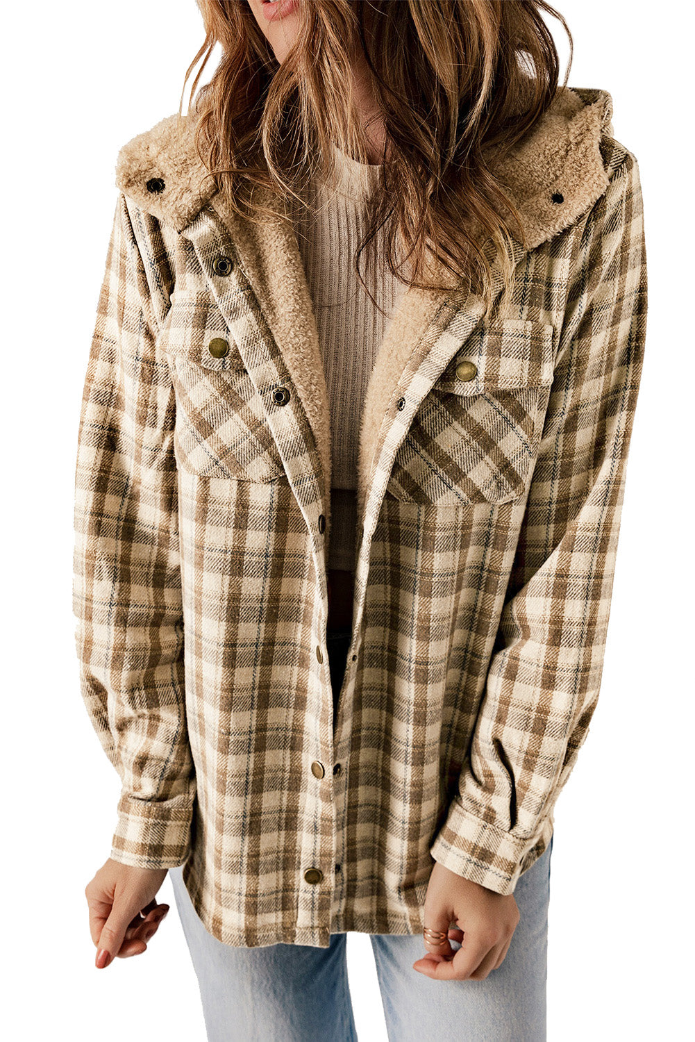 Khaki Plaid Pattern Sherpa Lined Hooded Shacket - Premium Outerwear from Momma Done Gone Crafty- Just $59.94! Shop now at Momma Done Gone Crafty