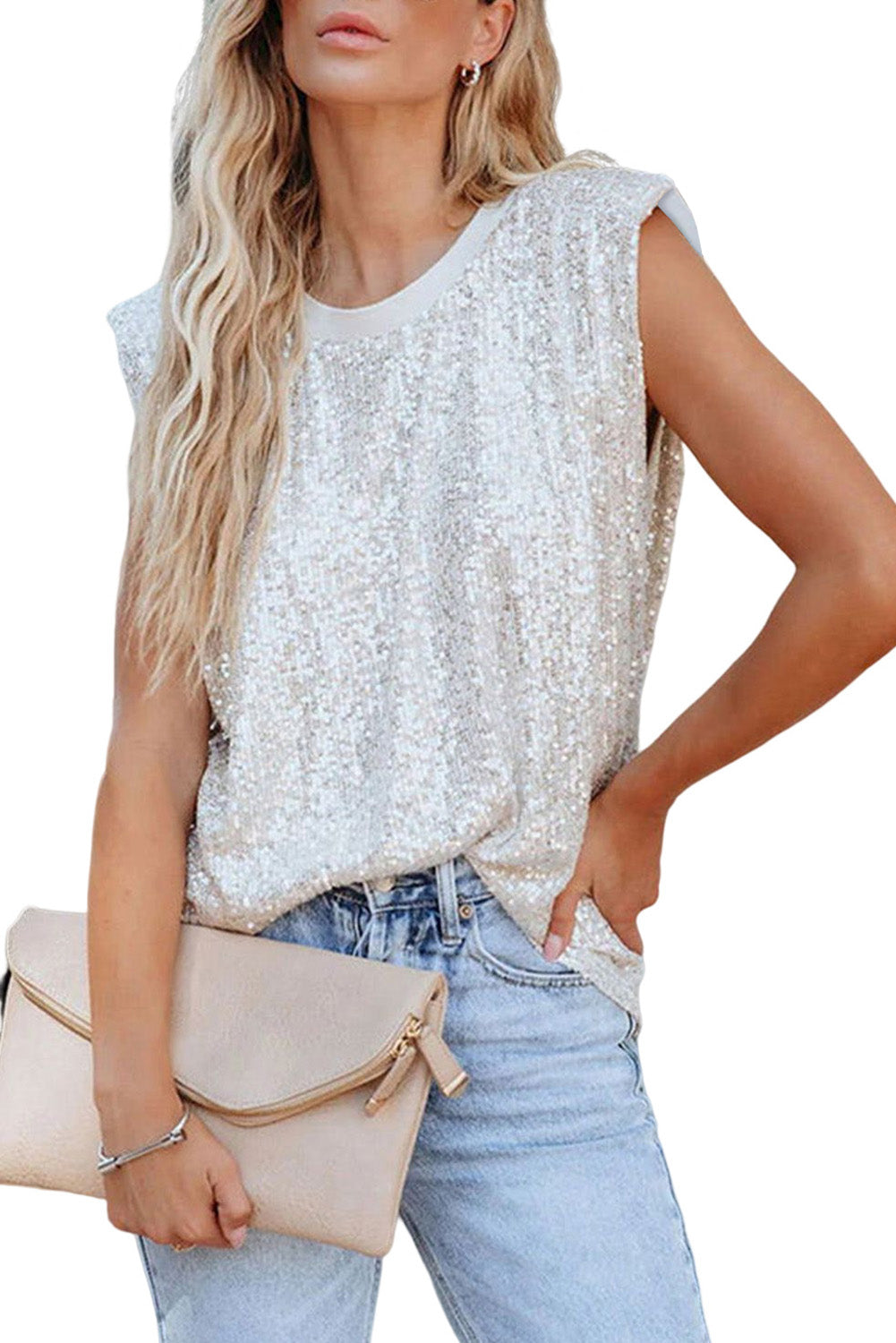 Apricot Sequin Round Neck Tank Top - Premium Tops from Momma Done Gone Crafty- Just $55.80! Shop now at Momma Done Gone Crafty