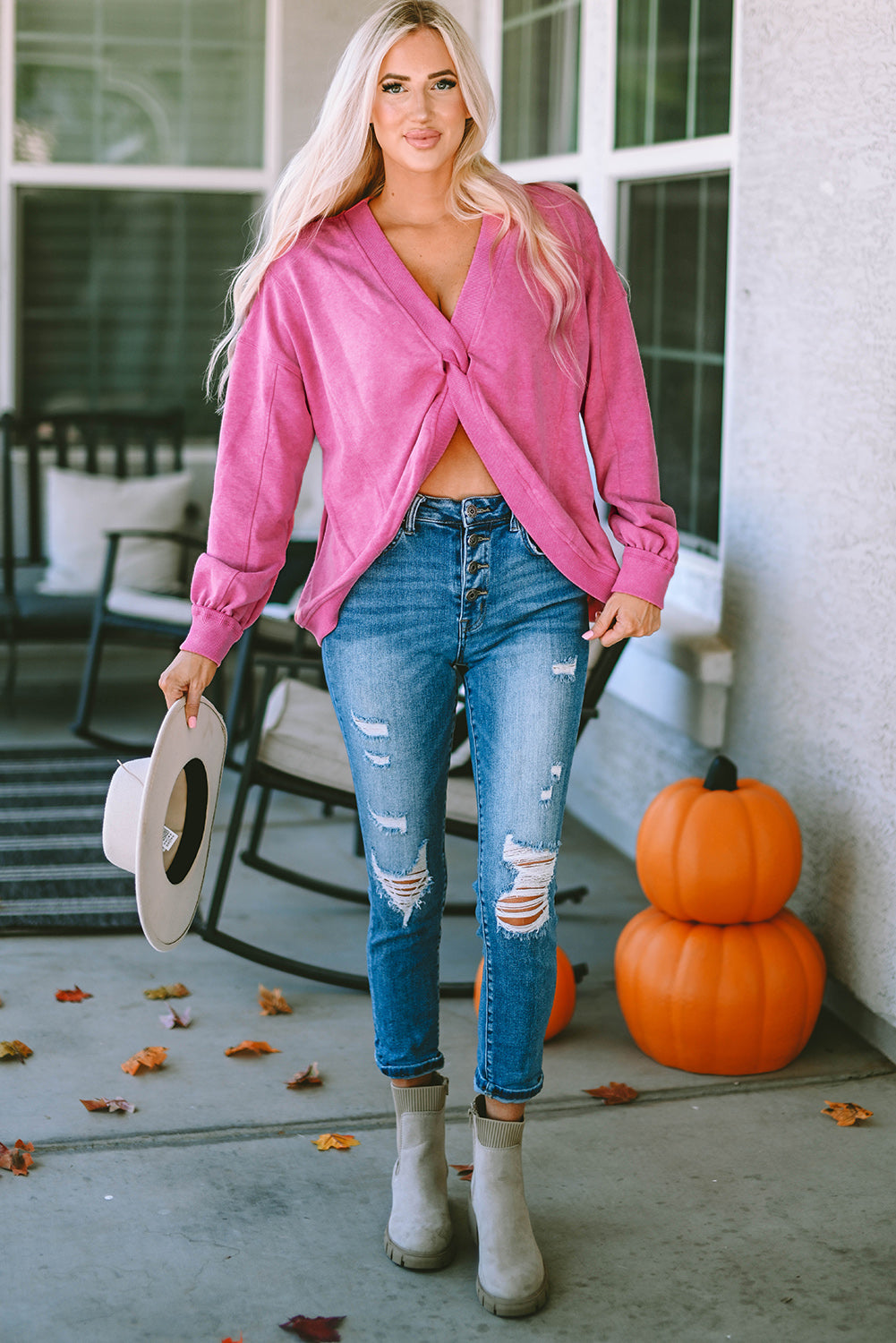 Rose Exposed Seam Twist Open Back Oversized Sweatshirt - Premium Tops from Momma Done Gone Crafty- Just $36.99! Shop now at Momma Done Gone Crafty