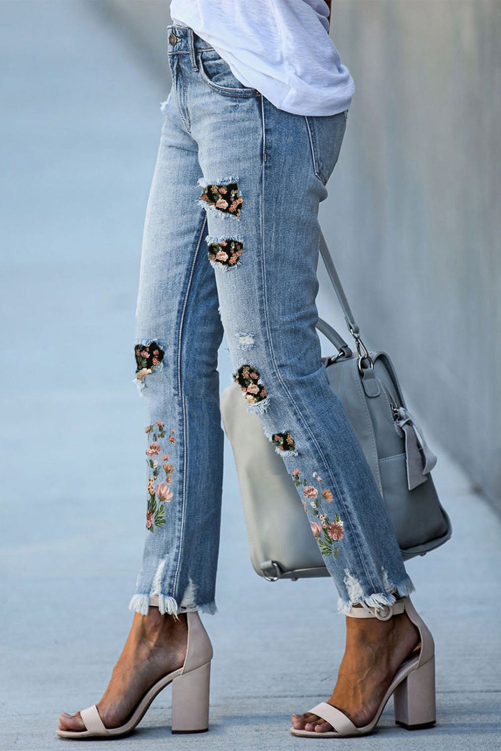 Sky Blue Printed Patch Ripped Skinny Jeans - Premium Bottoms from Momma Done Gone Crafty- Just $60.00! Shop now at Momma Done Gone Crafty