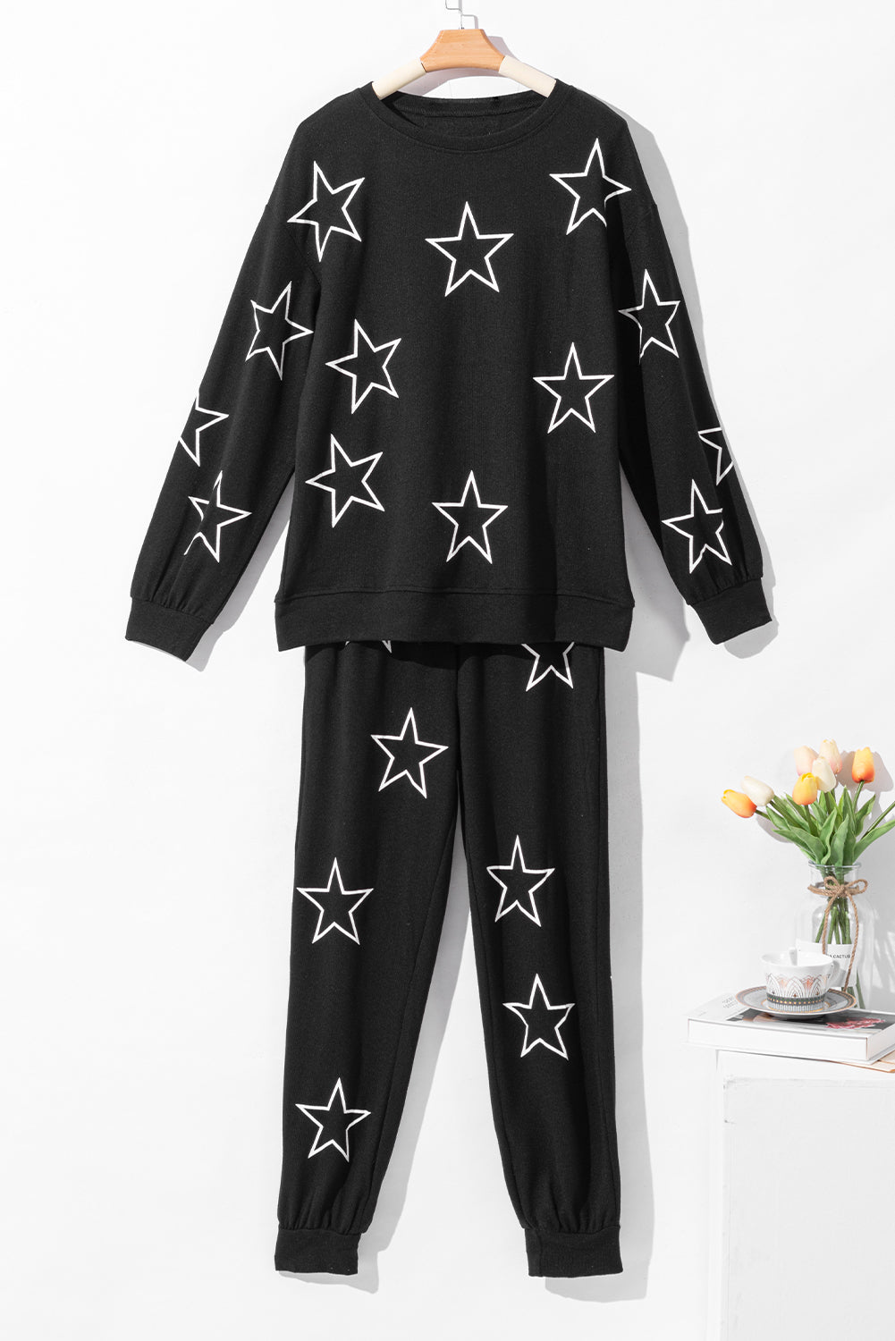 Black Stars Print Long Sleeve Drawstring High Waist Lounge Set - Premium Loungewear from Momma Done Gone Crafty- Just $34.50! Shop now at Momma Done Gone Crafty