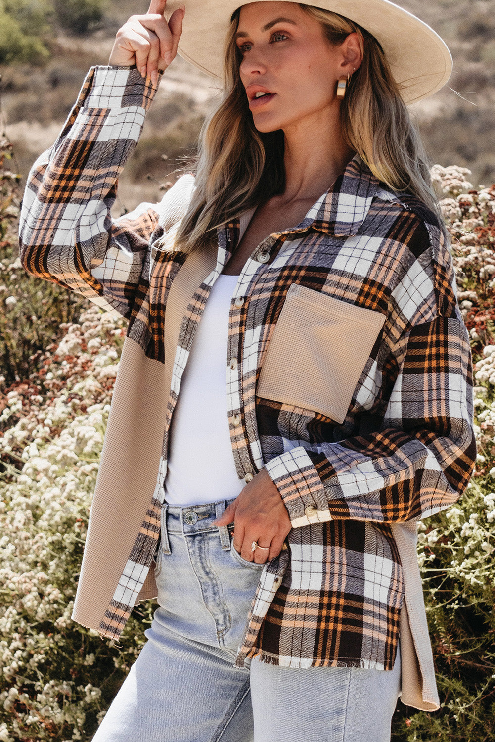 Khaki Thermal Knit Plaid Patchwork Shacket - Premium Outerwear/Plaid Shackets from Momma Done Gone Crafty- Just $45.99! Shop now at Momma Done Gone Crafty