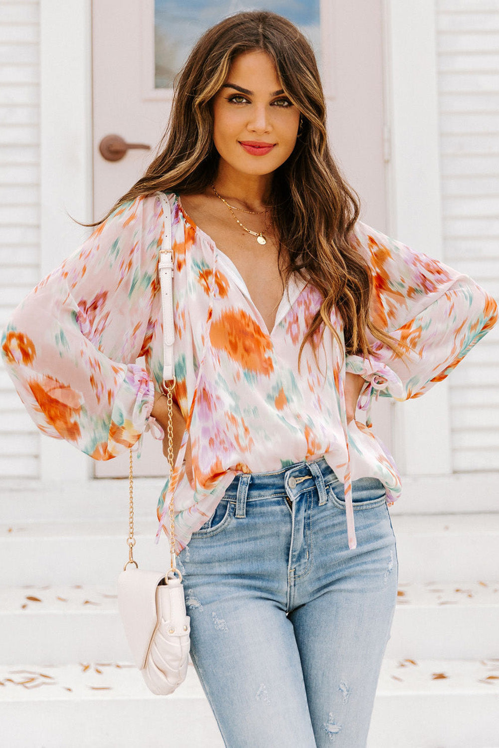 Multicolor Abstract Print Split Neck Puff Sleeve Blouse - Premium Tops from Momma Done Gone Crafty- Just $33.30! Shop now at Momma Done Gone Crafty