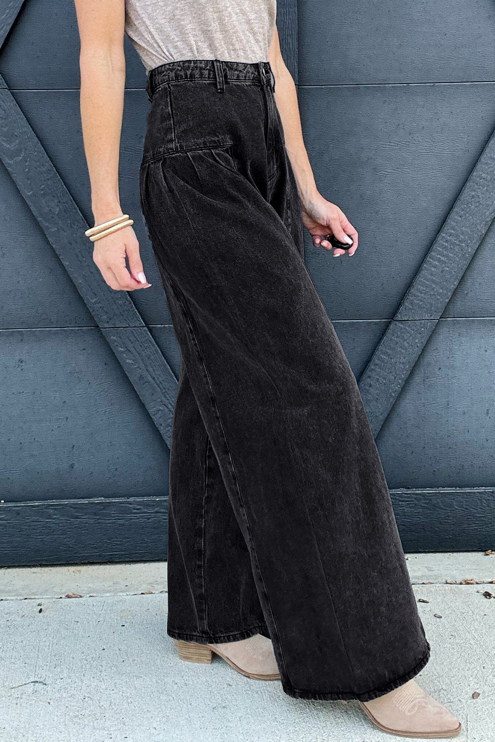 Dark Grey Pleated Wide Leg Mineral Wash Denim Pants - Premium Bottoms/Jeans from Momma Done Gone Crafty- Just $36.45! Shop now at Momma Done Gone Crafty
