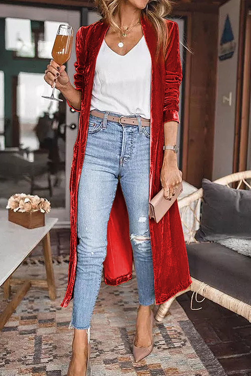 Red Velvet Open Front Pocketed Long Duster - Premium Tops from Momma Done Gone Crafty- Just $41.40! Shop now at Momma Done Gone Crafty