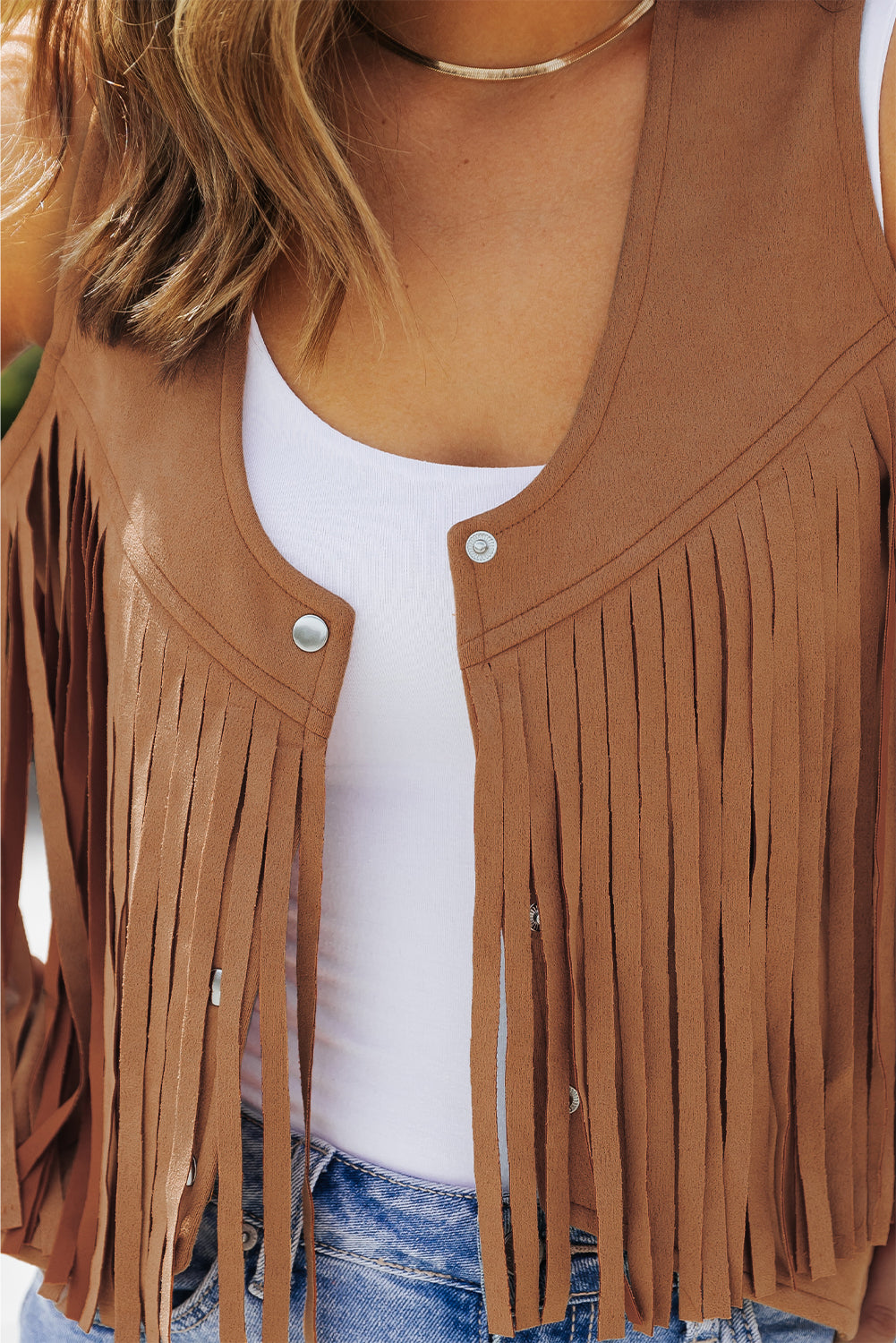 Camel Fringed Snap Button Front Suedette Vest - Premium Outerwear/Jackets from Momma Done Gone Crafty- Just $18.84! Shop now at Momma Done Gone Crafty