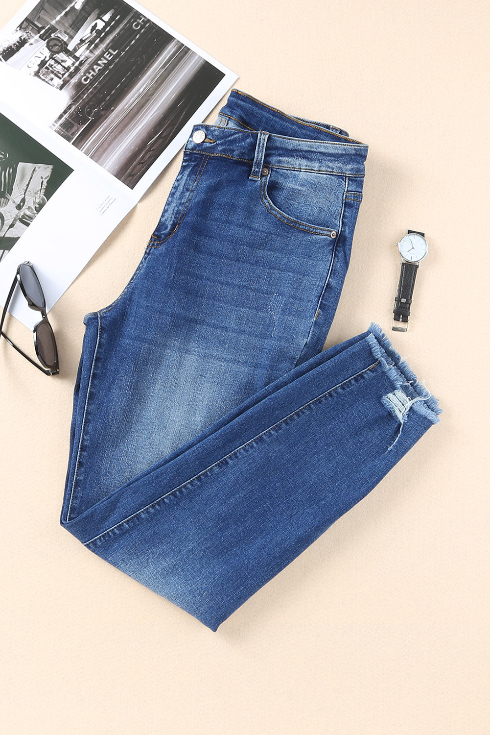 Blue Raw Hem Ankle-length Skinny Jeans - Premium Bottoms from Momma Done Gone Crafty- Just $60.99! Shop now at Momma Done Gone Crafty