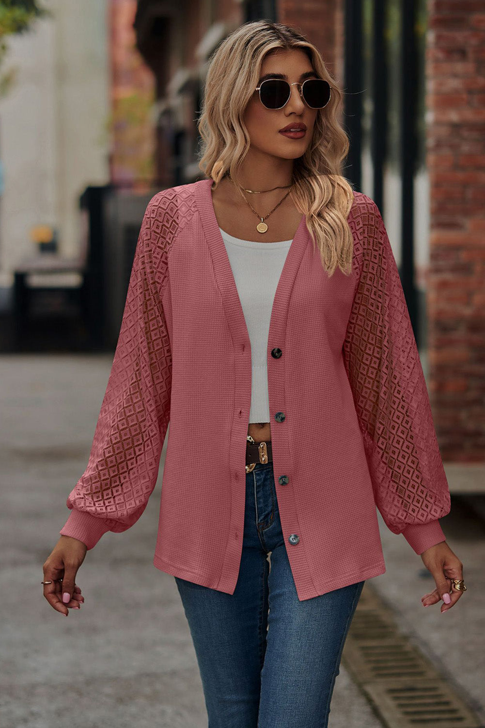 Waffled Knit Lace Long Sleeve Buttoned Cardigan - Premium Tops from Momma Done Gone Crafty- Just $45.30! Shop now at Momma Done Gone Crafty