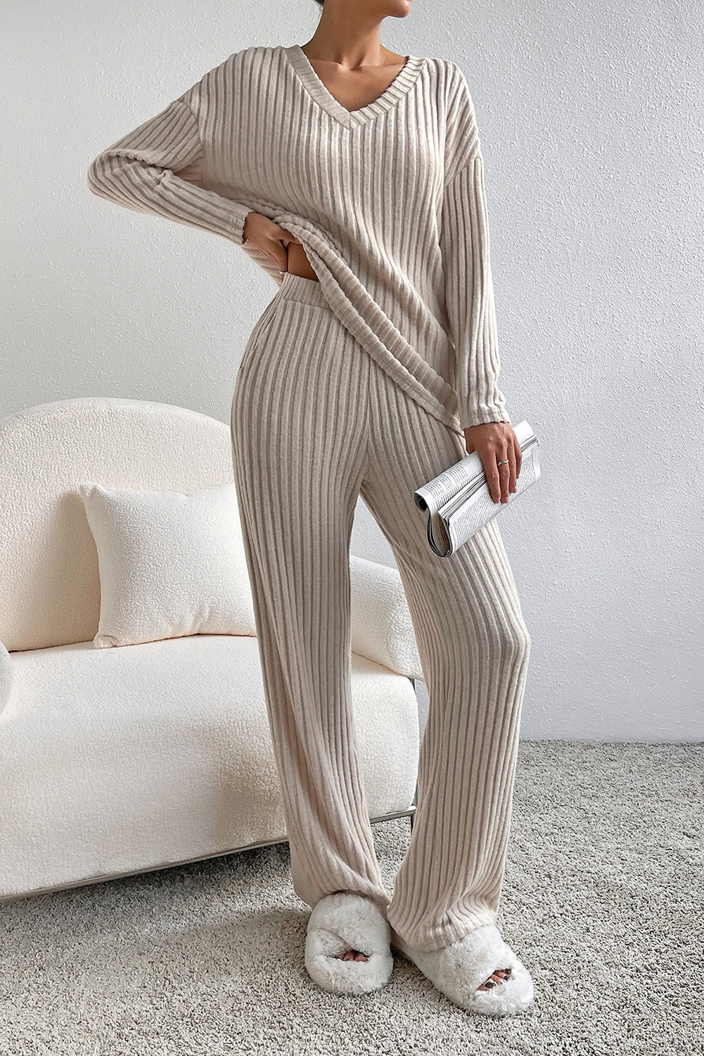 Khaki Ribbed Knit V Neck Slouchy Two-piece Outfit - Premium Loungewear & Sleepwear/Loungewear from Ashes 2 Wildflowers Boutique, LLC- Just $36.20! Shop now at Ashes 2 Wildflowers Boutique, LLC