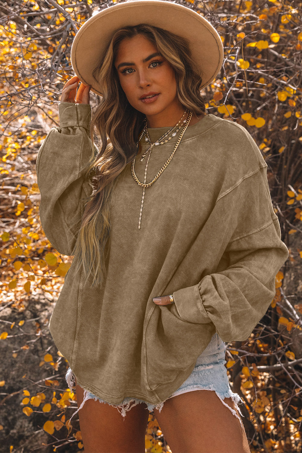 Khaki Exposed Seam Twist Open Back Oversized Sweatshirt - Premium Tops from Momma Done Gone Crafty- Just $62.40! Shop now at Momma Done Gone Crafty