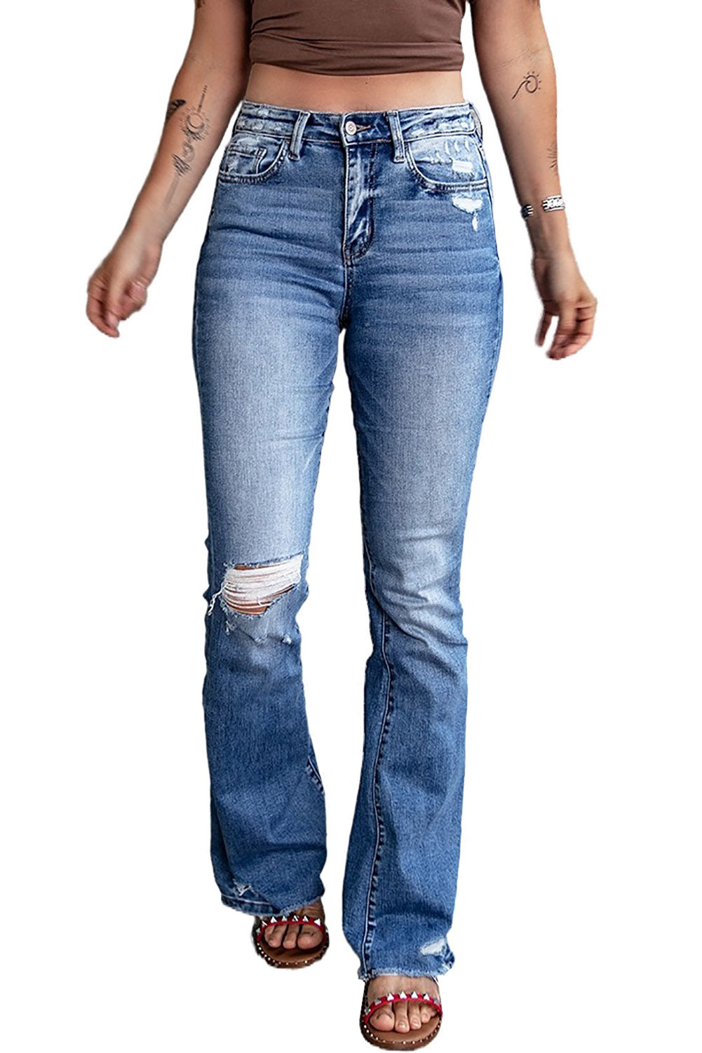 Blue Distressed Flare Jeans - Premium Bottoms from Momma Done Gone Crafty- Just $55.99! Shop now at Momma Done Gone Crafty