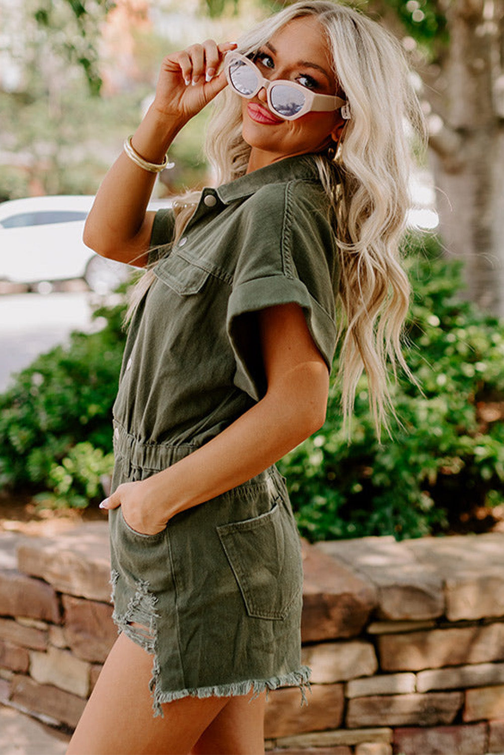 Moss Green Distressed Frayed Denim Romper - Premium Bottoms/Jumpsuits & Rompers from Momma Done Gone Crafty- Just $45.99! Shop now at Momma Done Gone Crafty