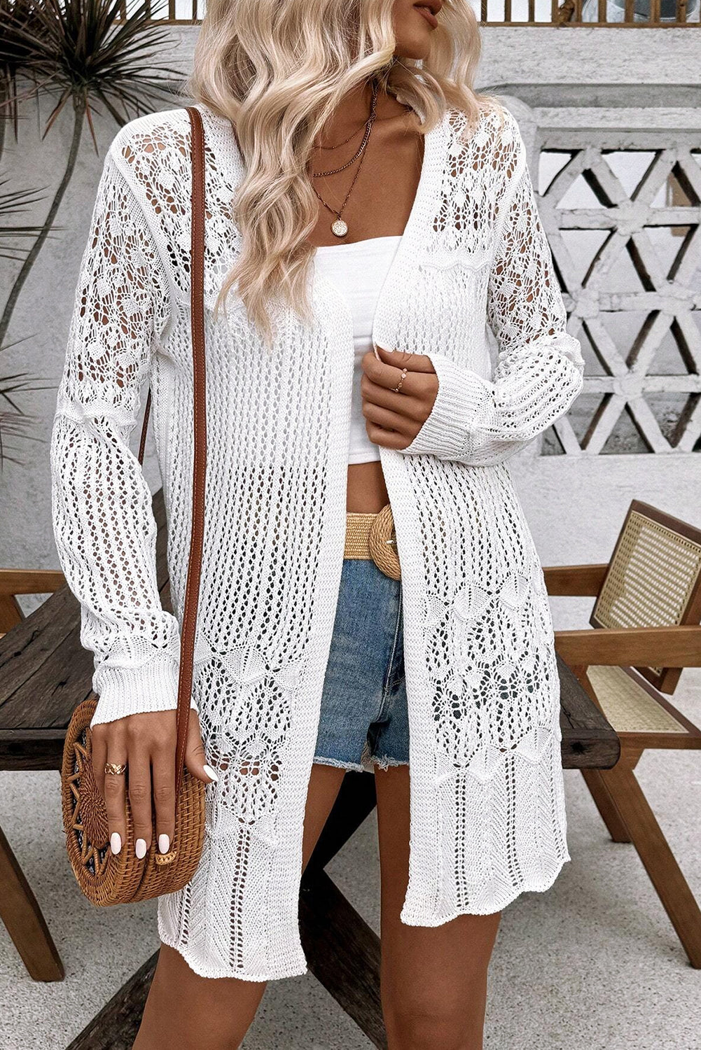 White Crochet Hollow Out Open Front Cardigan - Premium Sweaters & Cardigans/Cardigans from Momma Done Gone Crafty- Just $35.40! Shop now at Momma Done Gone Crafty