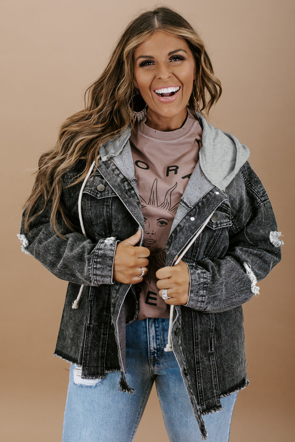 Black Drawstring Hooded Frayed Denim Jacket - Premium Outerwear from Momma Done Gone Crafty- Just $52.23! Shop now at Momma Done Gone Crafty