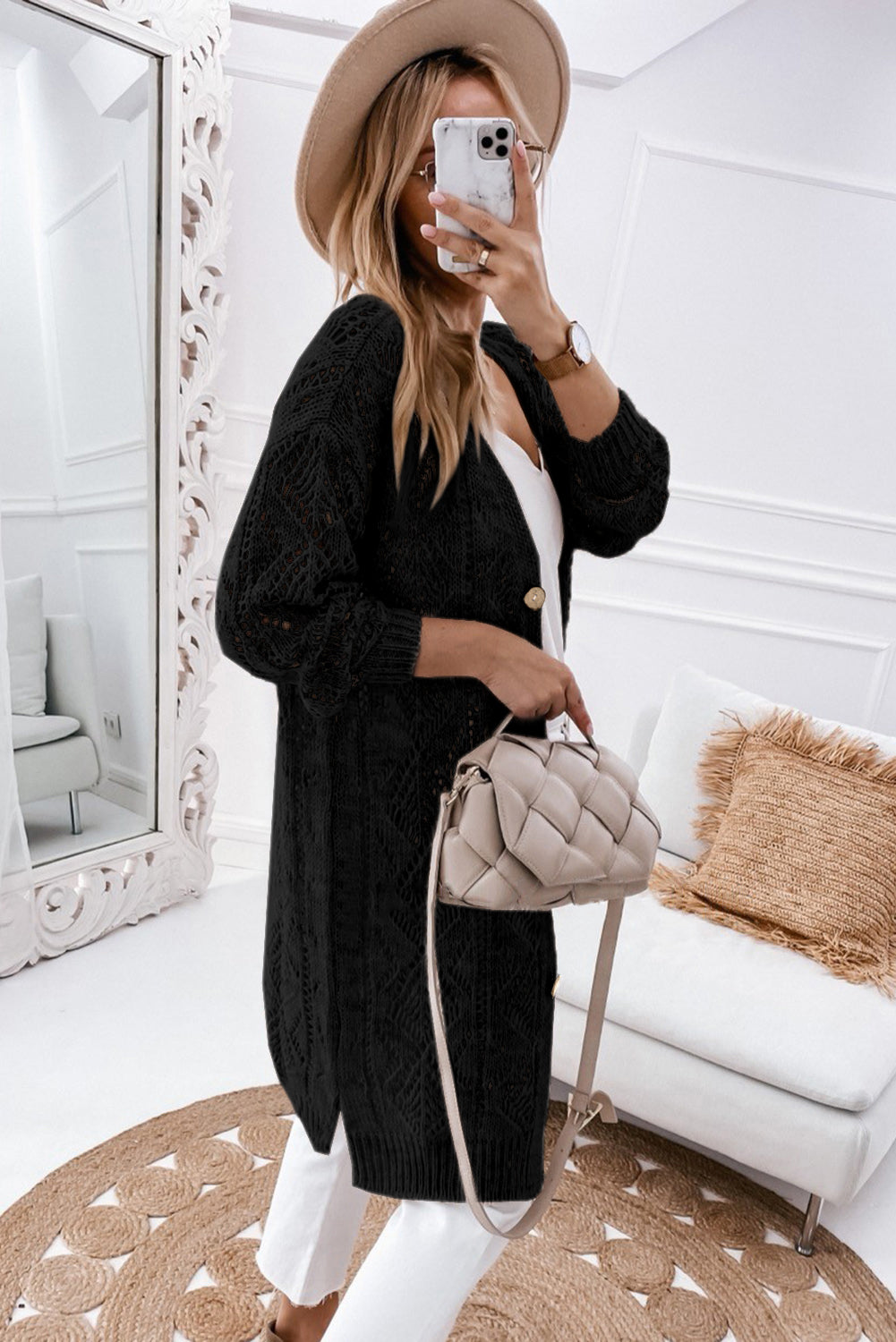 Black Hollow-out Openwork Knit Cardigan - Premium Tops from Momma Done Gone Crafty- Just $40.00! Shop now at Momma Done Gone Crafty
