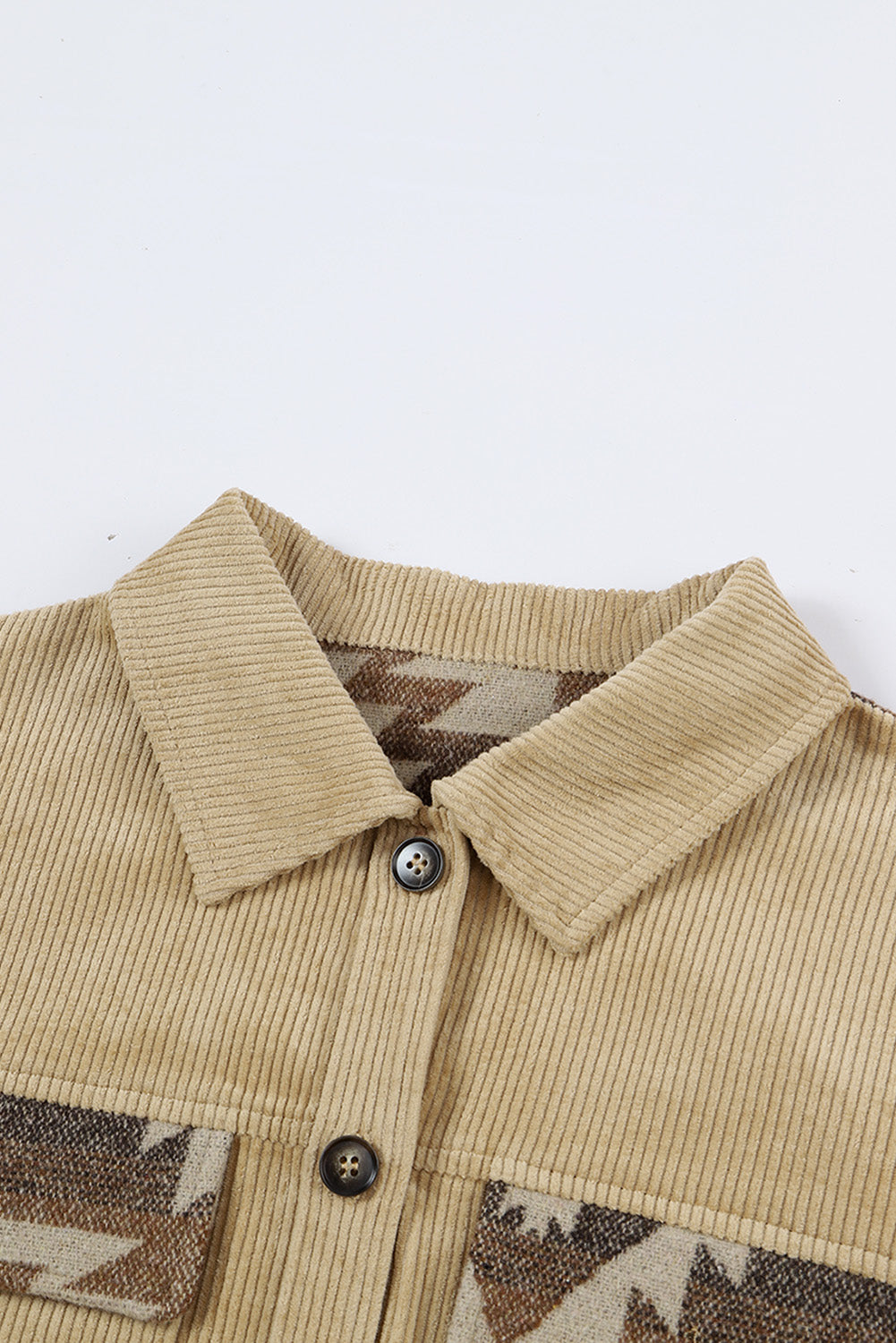 Khaki Aztec Print Patchwork Frayed Edge Corduroy Jacket - Premium Outerwear from Momma Done Gone Crafty- Just $62.70! Shop now at Momma Done Gone Crafty