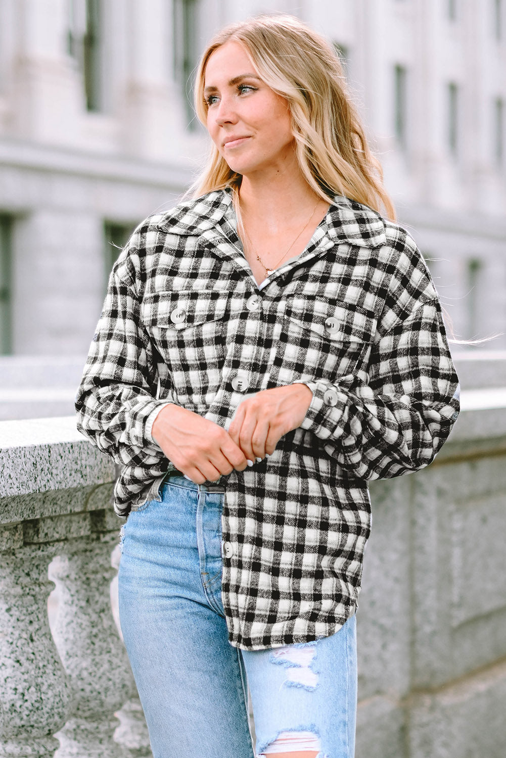 Black Plaid Print Chest Pockets Buttoned Tunic Shacket - Premium Outerwear from Momma Done Gone Crafty- Just $40! Shop now at Momma Done Gone Crafty
