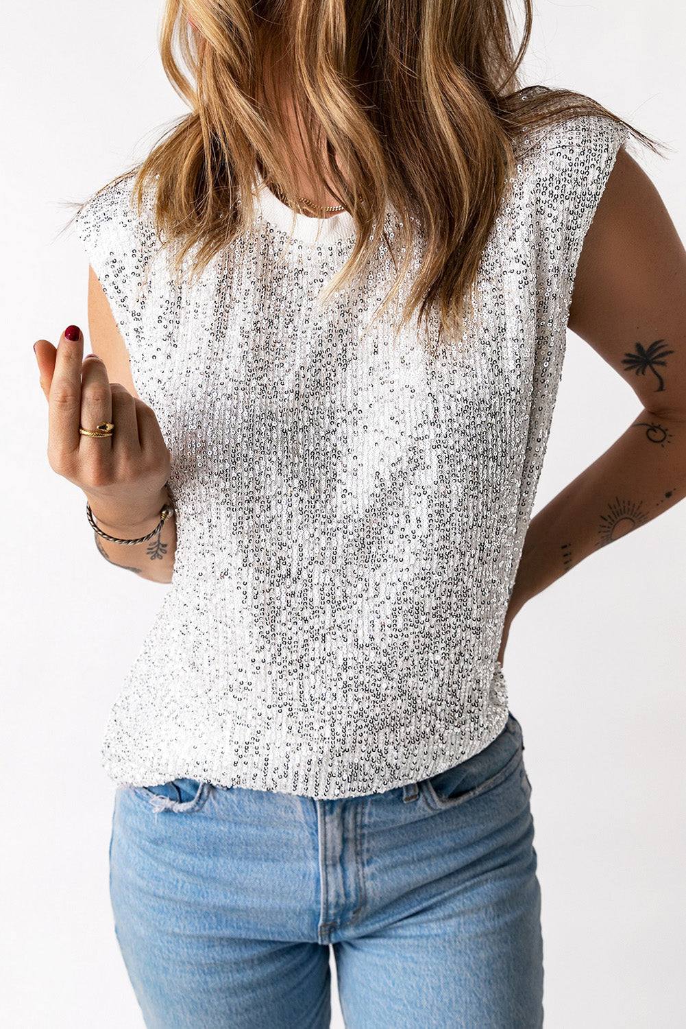 Apricot Sequin Round Neck Tank Top - Premium Tops from Momma Done Gone Crafty- Just $55.80! Shop now at Momma Done Gone Crafty