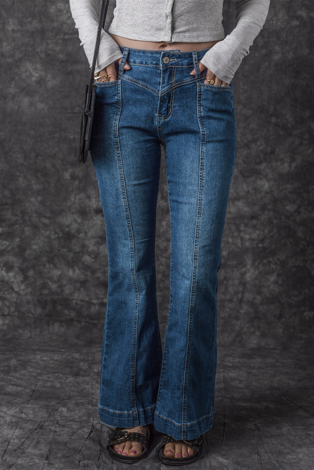 Blue High Waist Seam Stitching Pocket Flare Jeans - Premium Bottoms from Momma Done Gone Crafty- Just $60! Shop now at Momma Done Gone Crafty