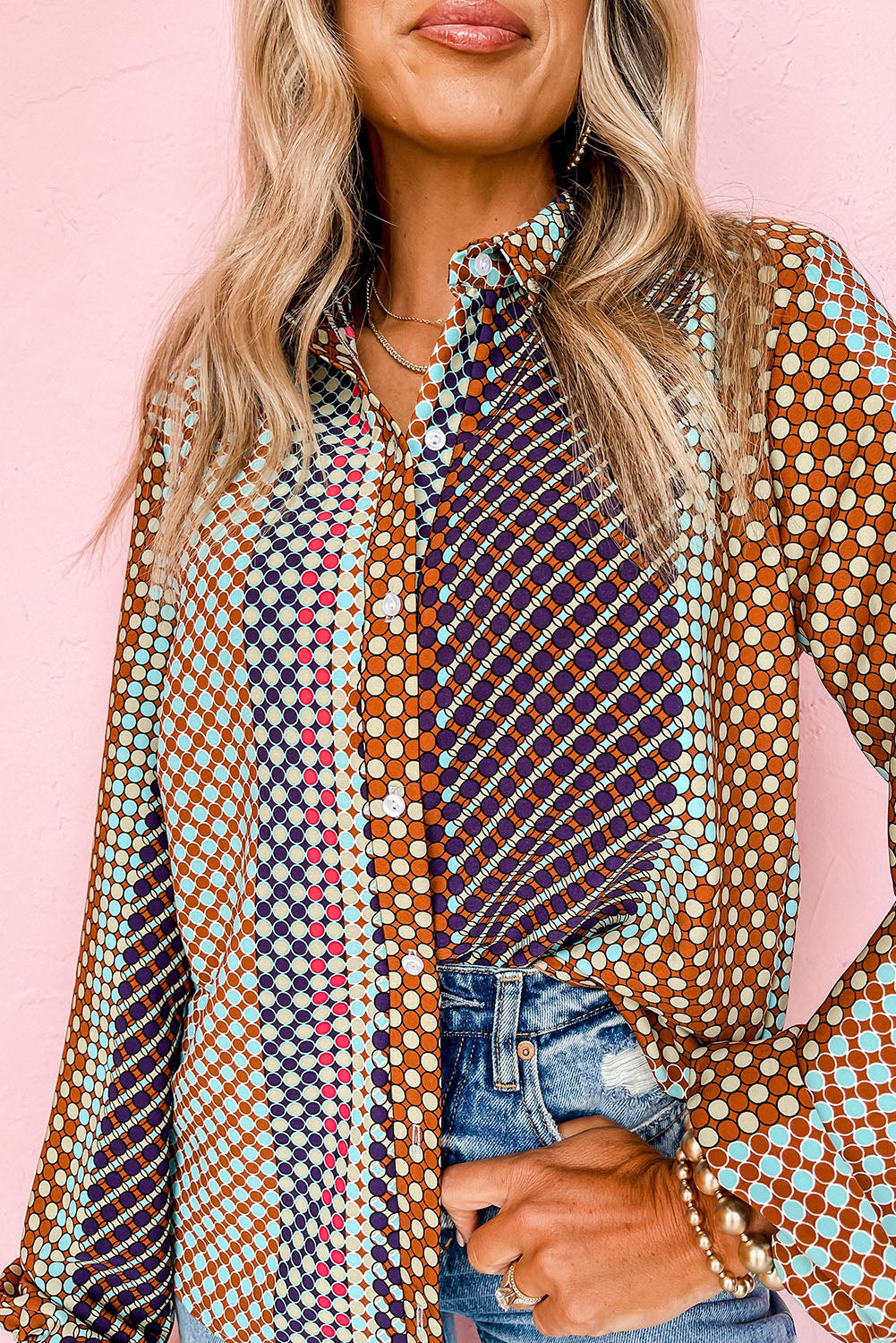 Brown Dot Print Long Sleeve Button Down Shift Shirt - Premium Tops from Momma Done Gone Crafty- Just $22.50! Shop now at Momma Done Gone Crafty
