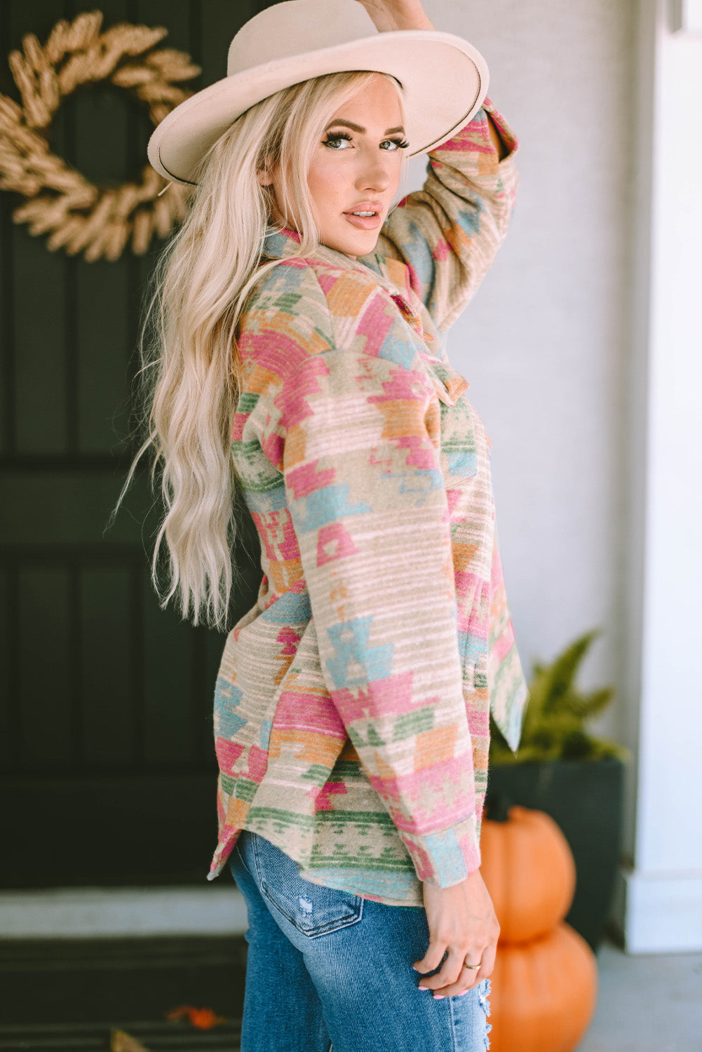 Multicolor Western Aztec Print Button Flap Pocket Shacket - Premium Outerwear from Ashes 2 Wildflowers Boutique, LLC- Just $48.99! Shop now at Ashes 2 Wildflowers Boutique, LLC