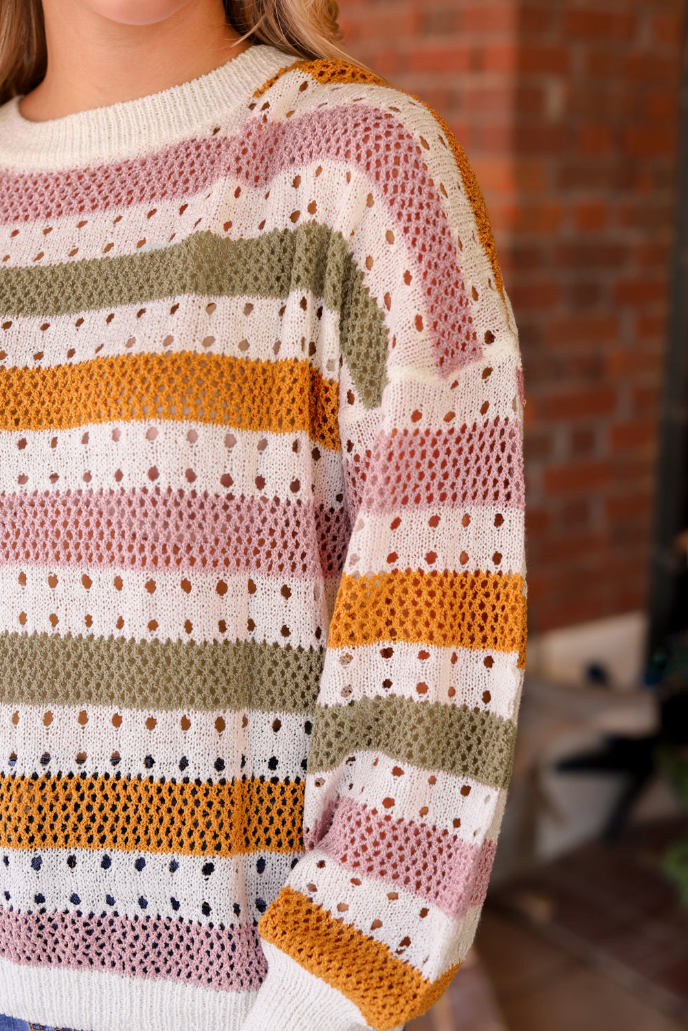 Multicolor Striped Hollowed Knitted Loose Sweater - Premium Tops from Momma Done Gone Crafty- Just $35.40! Shop now at Momma Done Gone Crafty