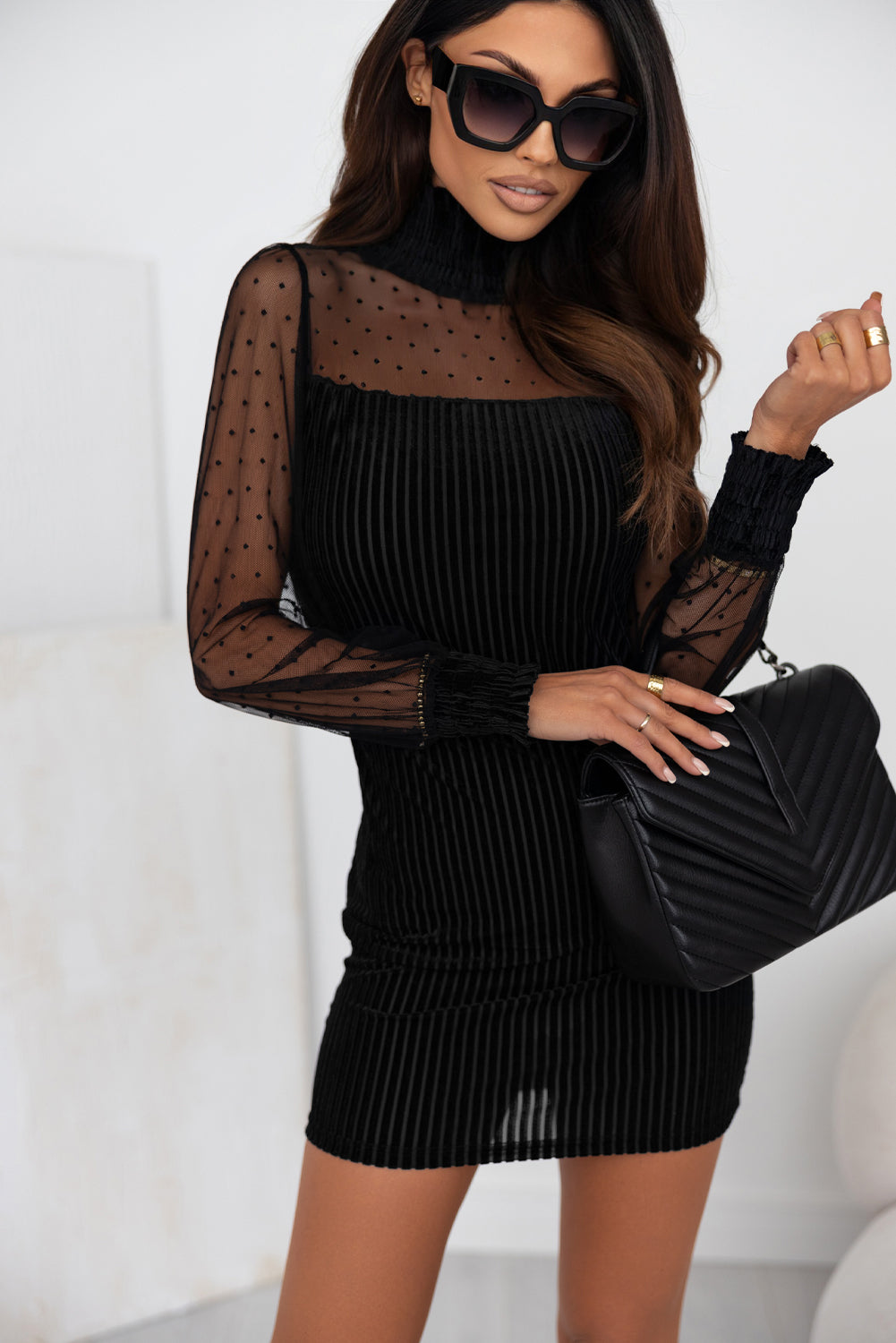Black Dotted Mesh Striped Frilled Neck Bubble Sleeve Dress - Premium Dresses from Momma Done Gone Crafty- Just $33.40! Shop now at Momma Done Gone Crafty