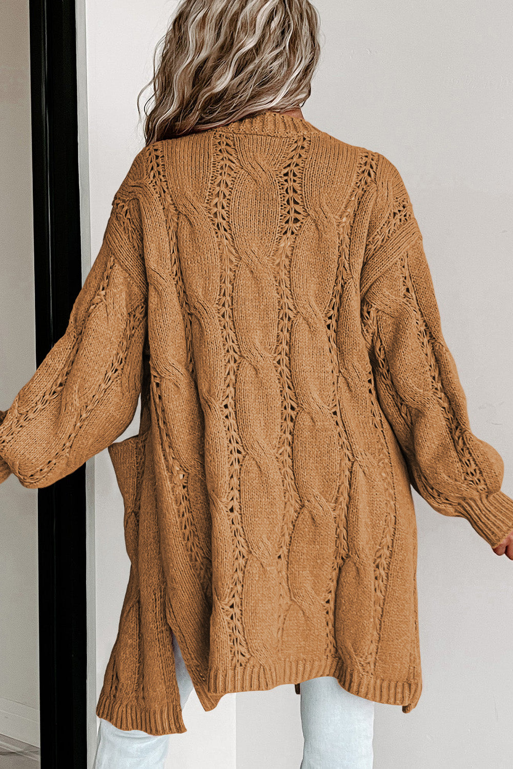 Khaki Ribbed Trim Eyelet Cable Knit Cardigan - Premium Tops from Momma Done Gone Crafty- Just $41.70! Shop now at Momma Done Gone Crafty