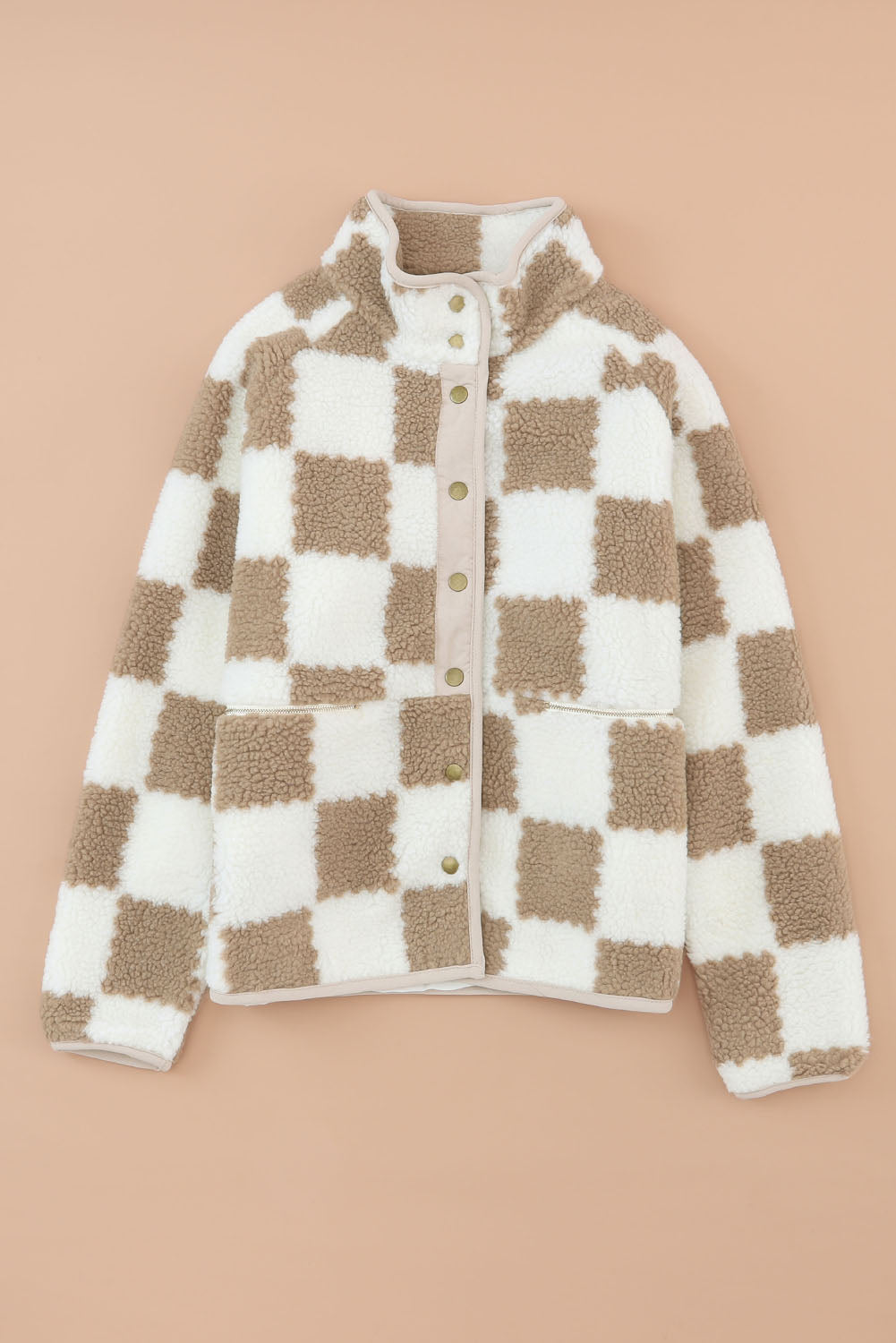 Brown Checked Snap Button Sherpa Jacket - Premium Outerwear from Momma Done Gone Crafty- Just $53.40! Shop now at Momma Done Gone Crafty