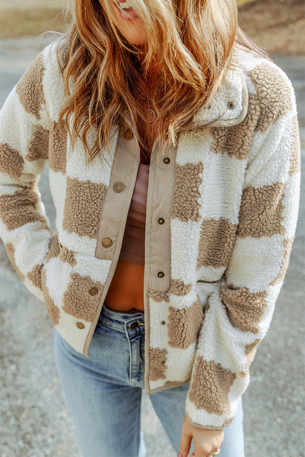 Brown Checked Snap Button Sherpa Jacket - Premium Outerwear from Momma Done Gone Crafty- Just $53.40! Shop now at Momma Done Gone Crafty