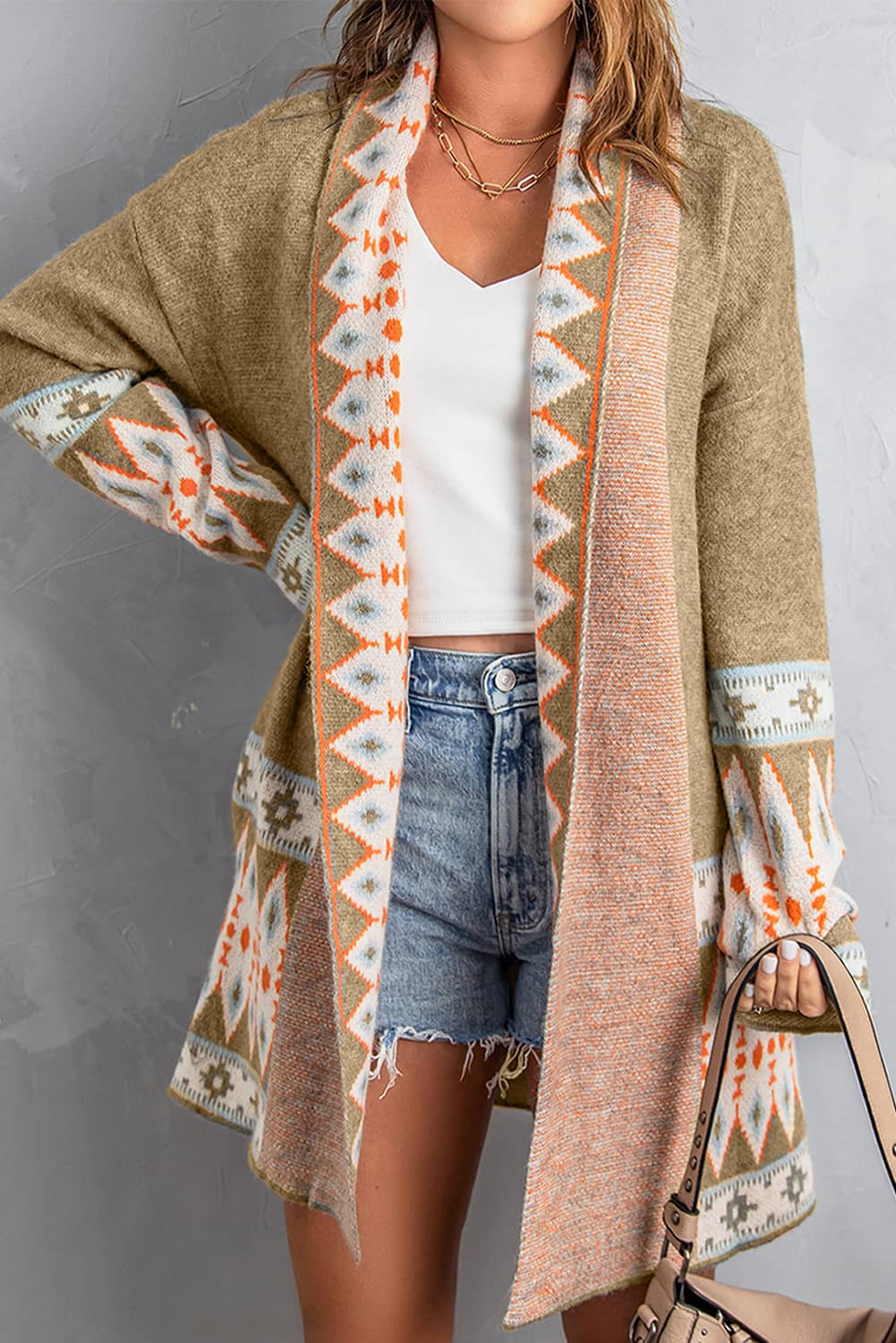 Khaki Aztec Print Open Front Knitted Cardigan - Premium Sweaters & Cardigans/Cardigans from Ashes 2 Wildflowers Boutique, LLC- Just $40.97! Shop now at Ashes 2 Wildflowers Boutique, LLC